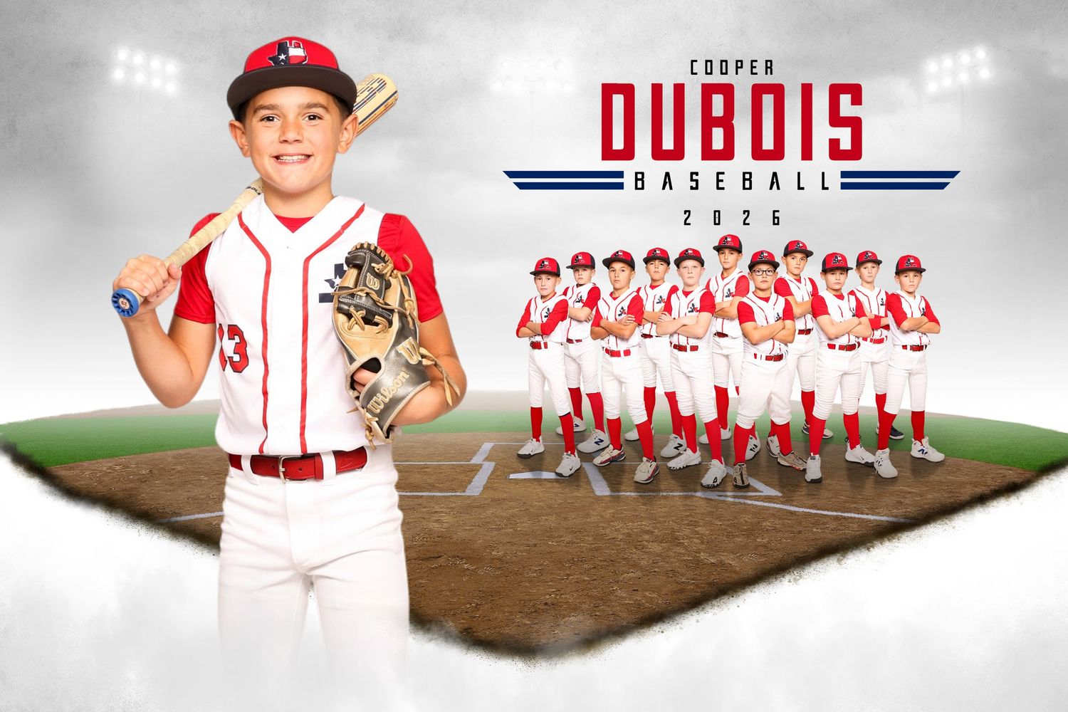 Baseball themed panoramic composite image showing players and equipment on a dirt field with stadium lights.