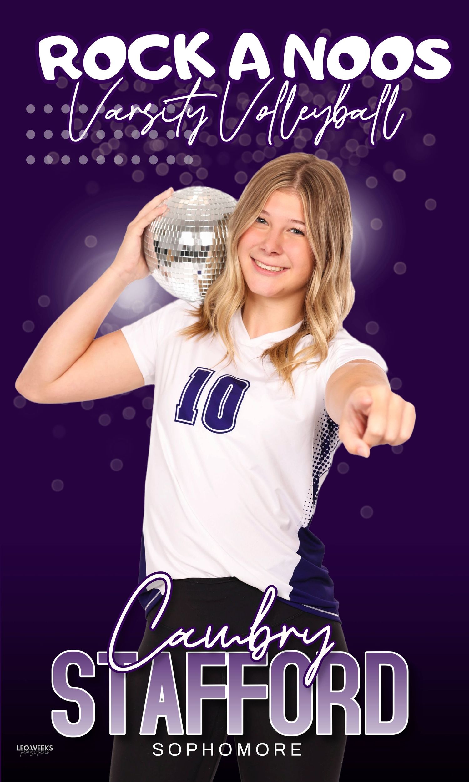 Purple and white volleyball player poster featuring athlete #10 holding a disco ball with 'Rock a Noos' text.