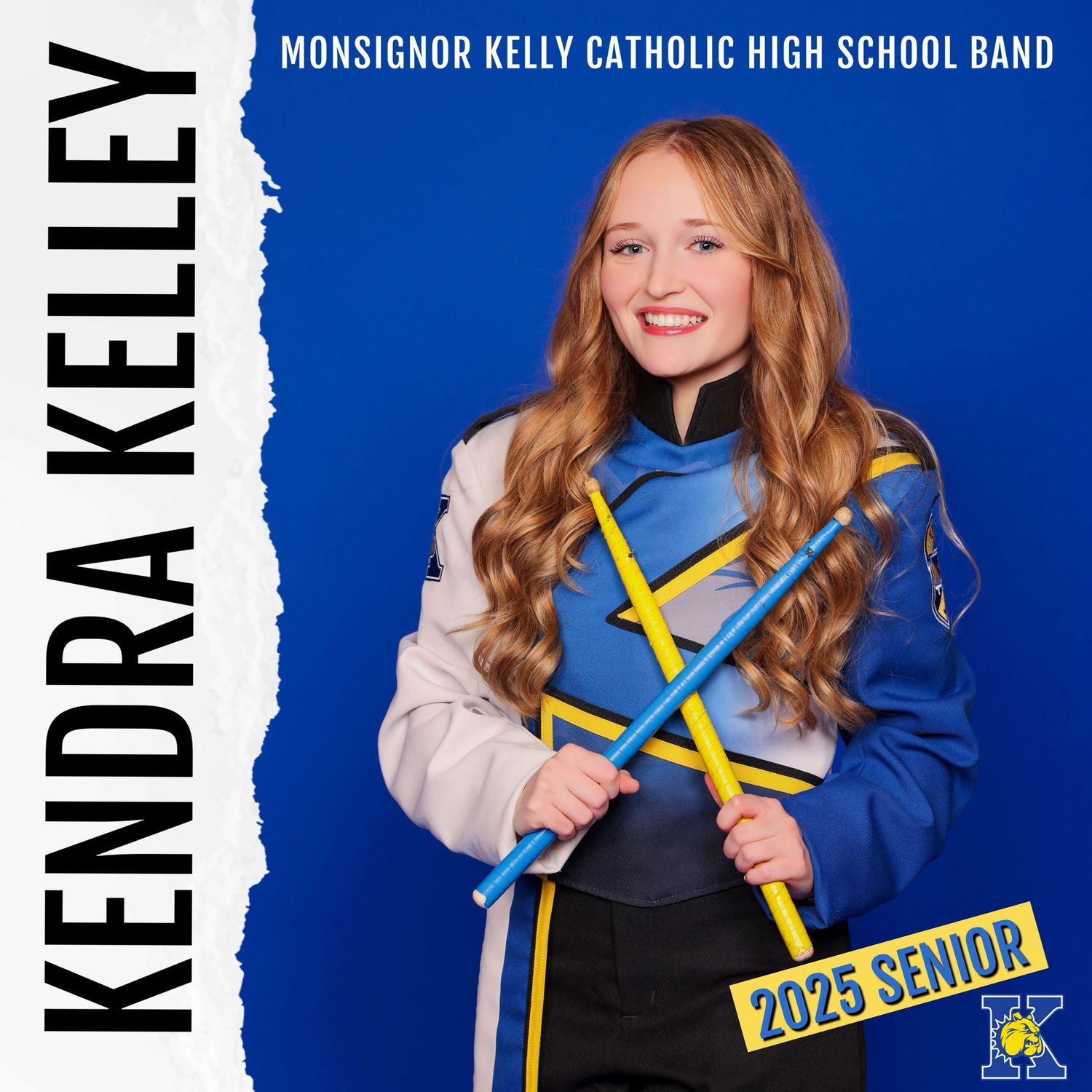 Band member in blue uniform poses with drumsticks against blue backdrop with school band text visible.