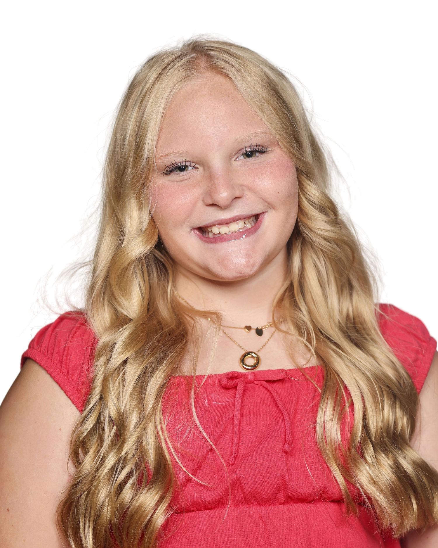 Four headshots showing a blonde person with a bright smile wearing a red top.