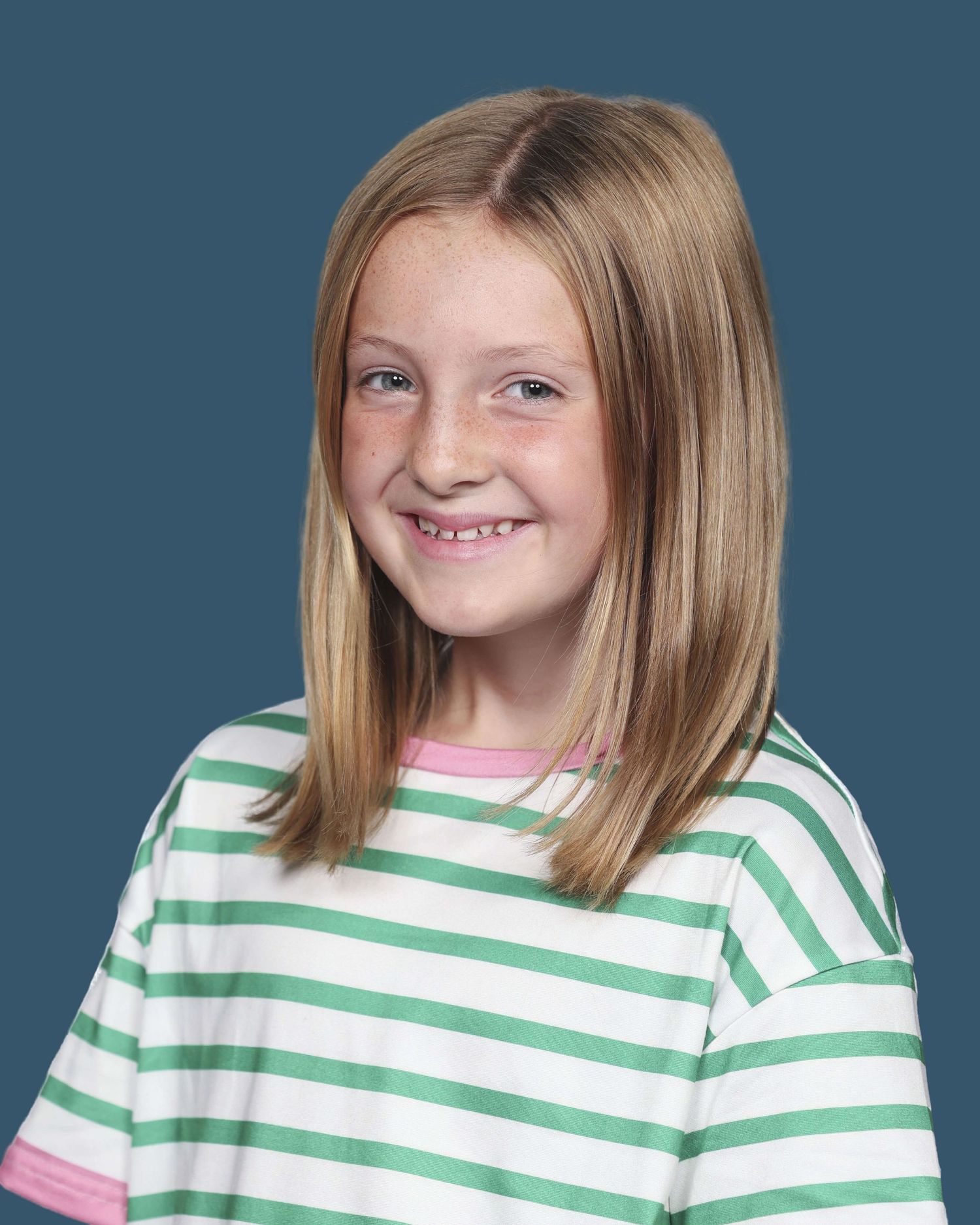 A sequence of five photos showing someone in a green and white striped shirt making playful expressions against a blue backdrop.