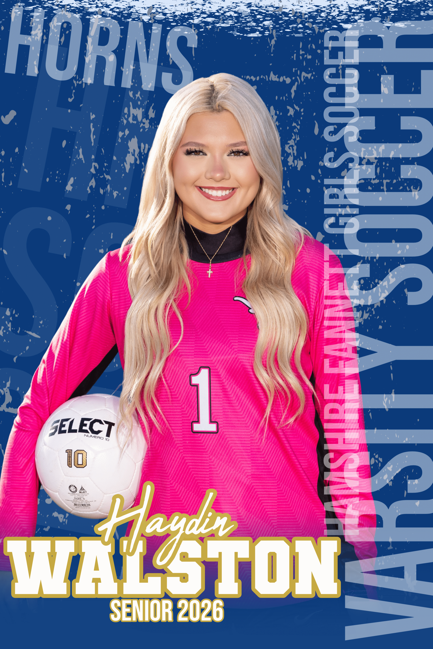 Senior athlete photo collage in bright pink jersey against blue textured background.
