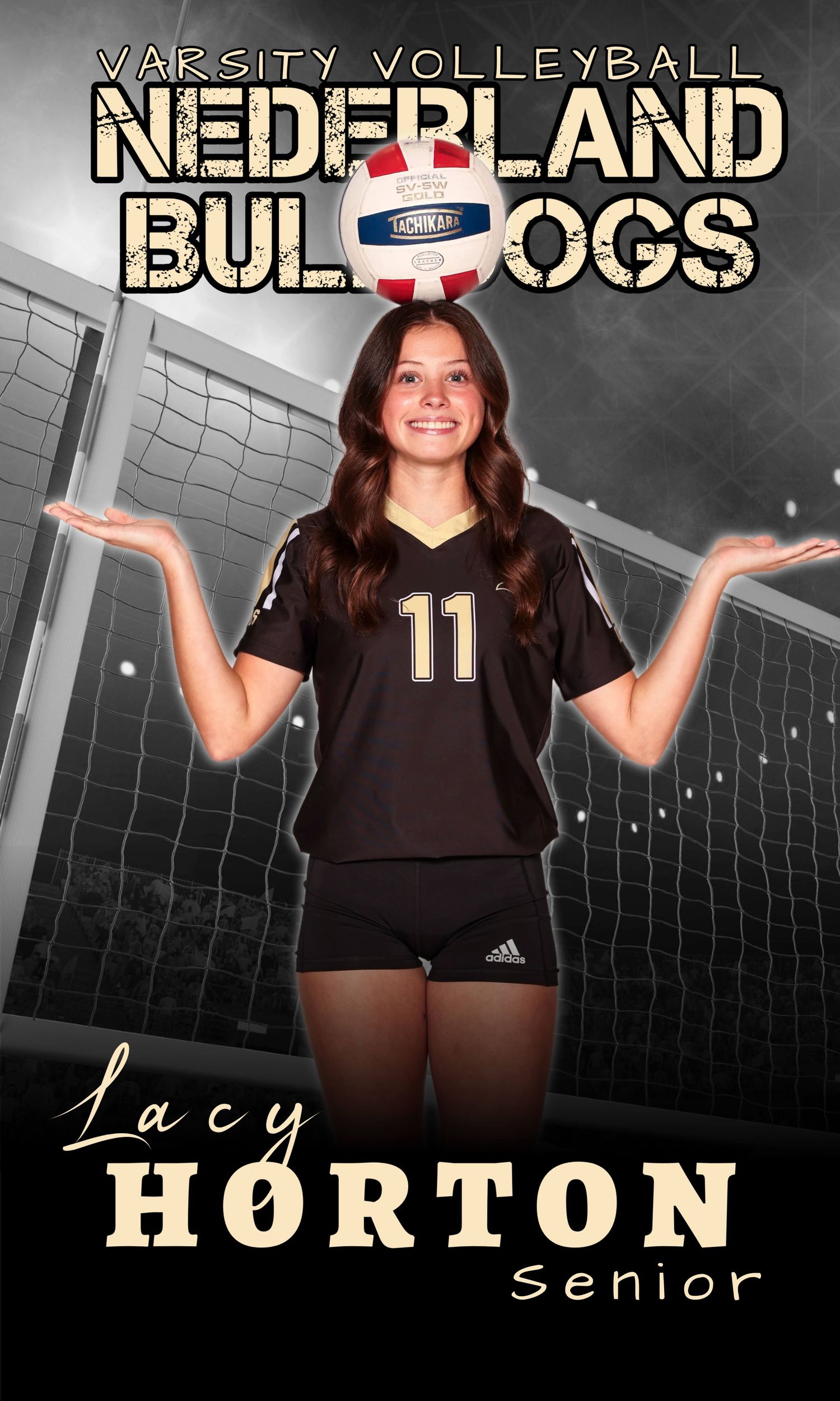 A Nederland Bulldogs varsity volleyball player poses with a volleyball in black uniform against a stadium background.
