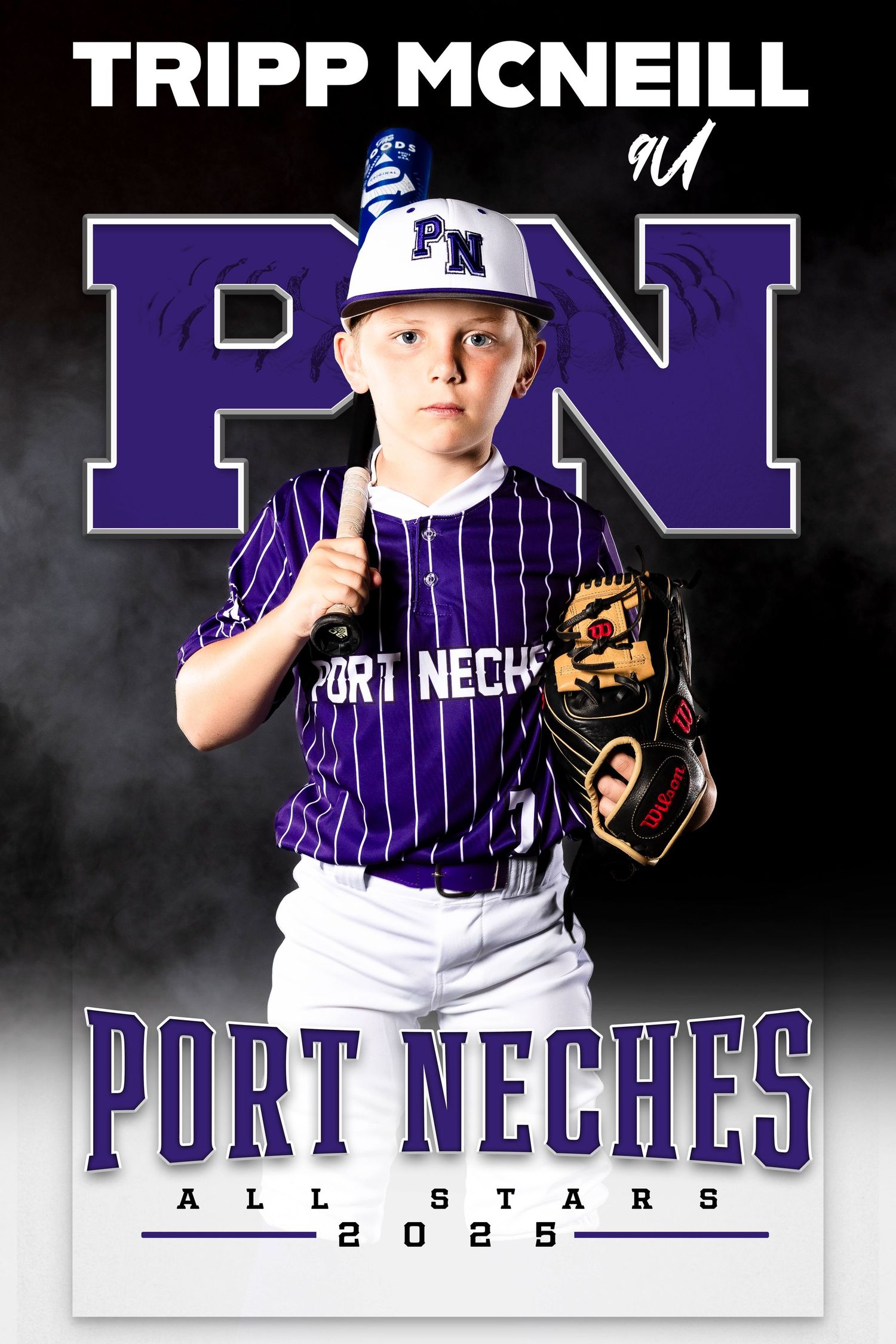 Youth baseball player in purple pinstriped Port Neches All Stars uniform poses with glove against dark background.