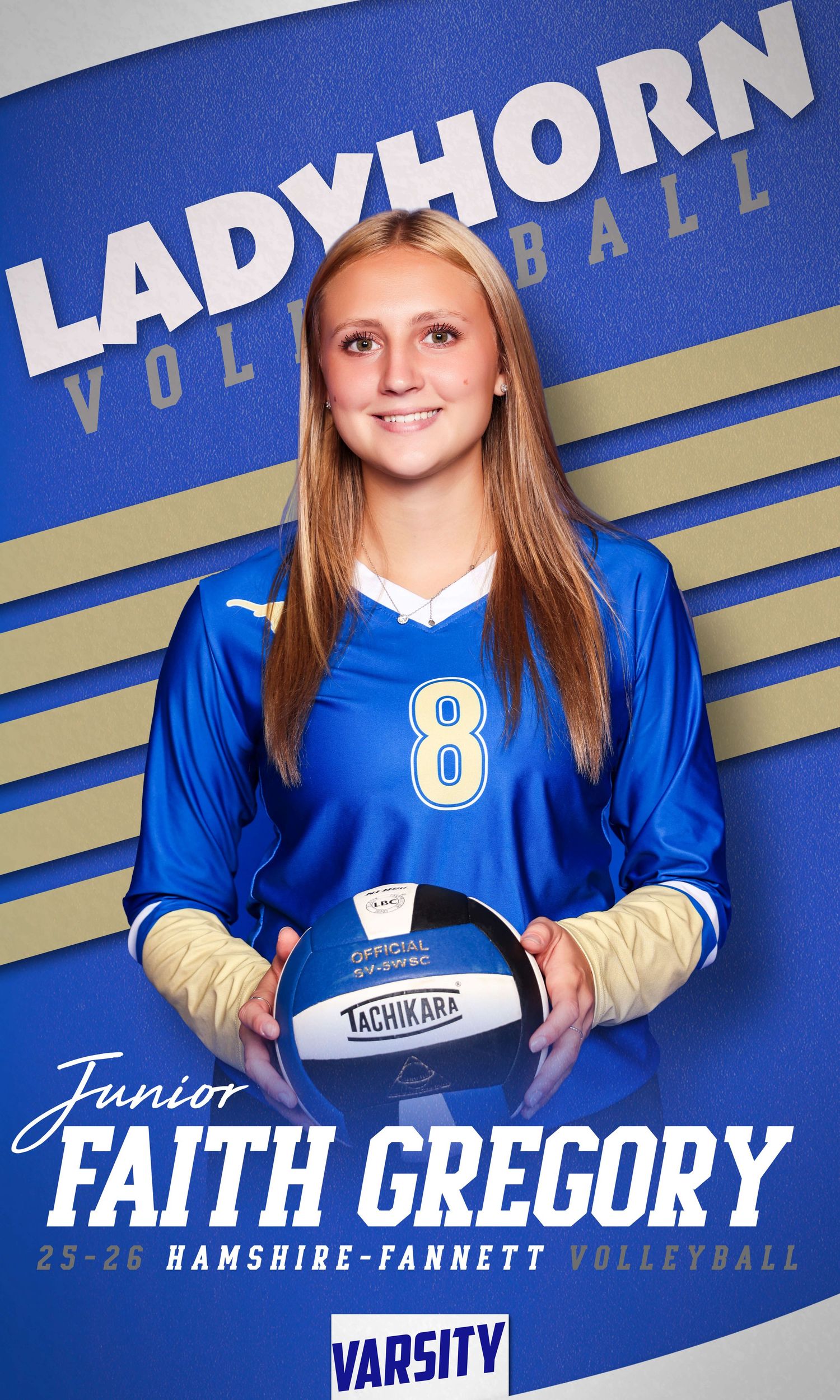 Volleyball player photo series in blue jersey with number 8 against striped background.