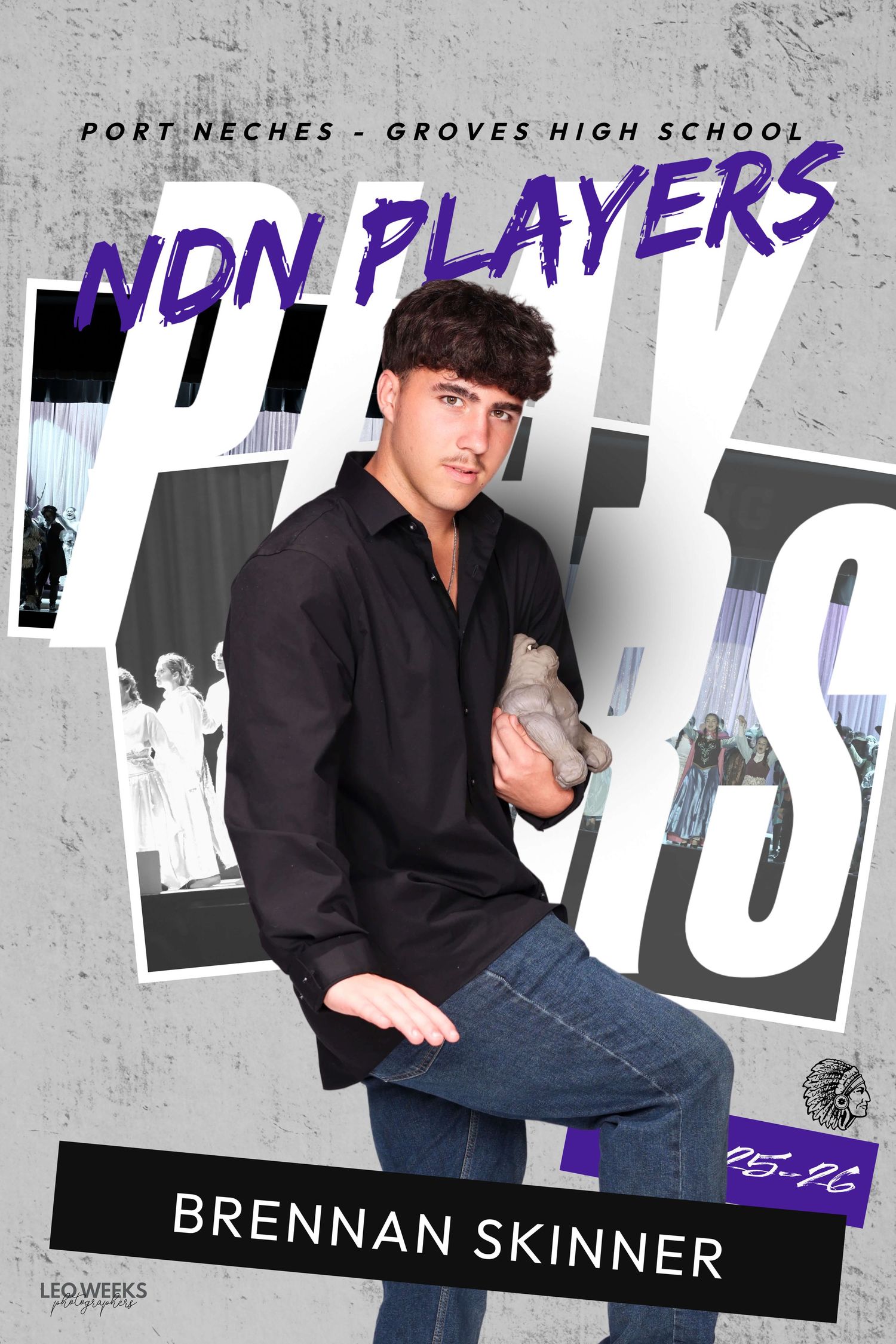 Student in black shirt and jeans poses with football for Port Neches-Groves High School non-players photo.