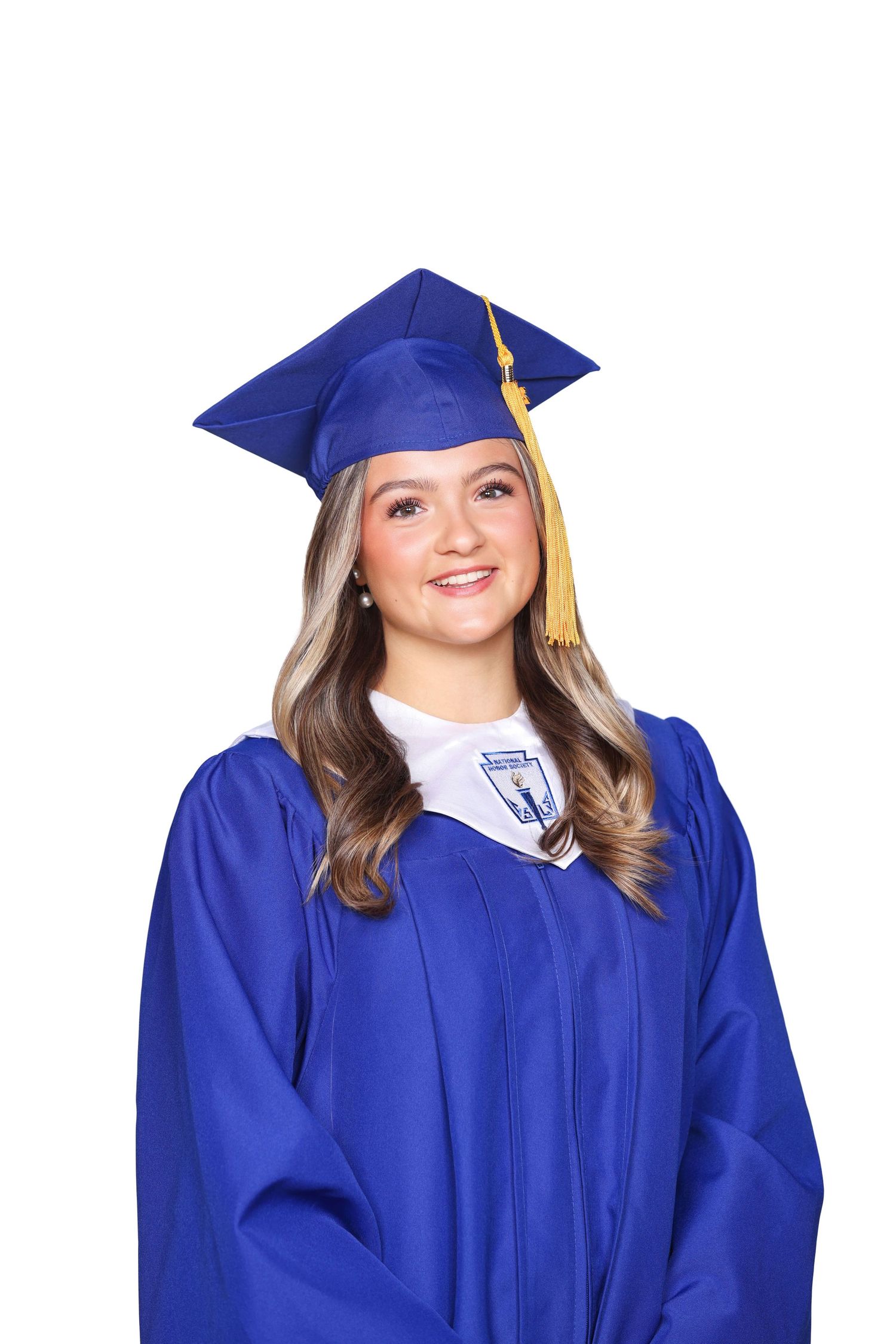 Graduate in royal blue cap and gown posing against white background.