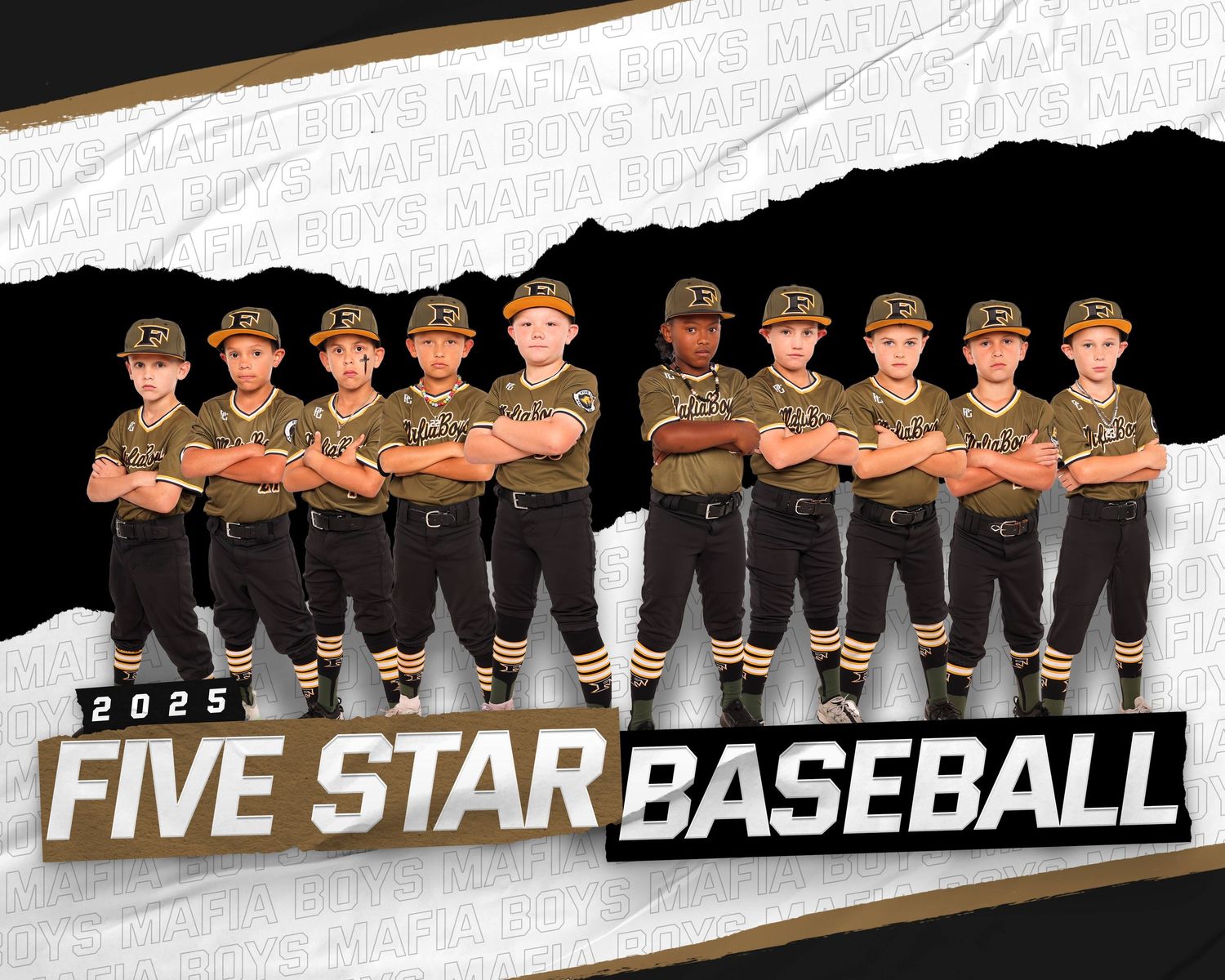 Baseball team poses in brown uniforms against dark background for team photo lineup.