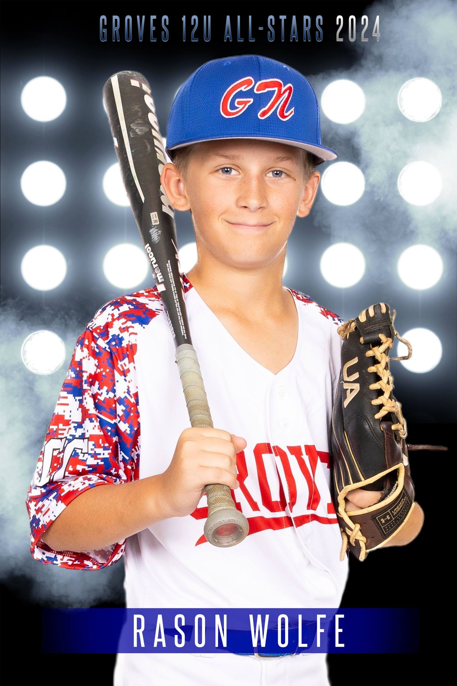 Baseball player poses for sports portraits in red and white uniform with blue cap against dramatic spotlit background.