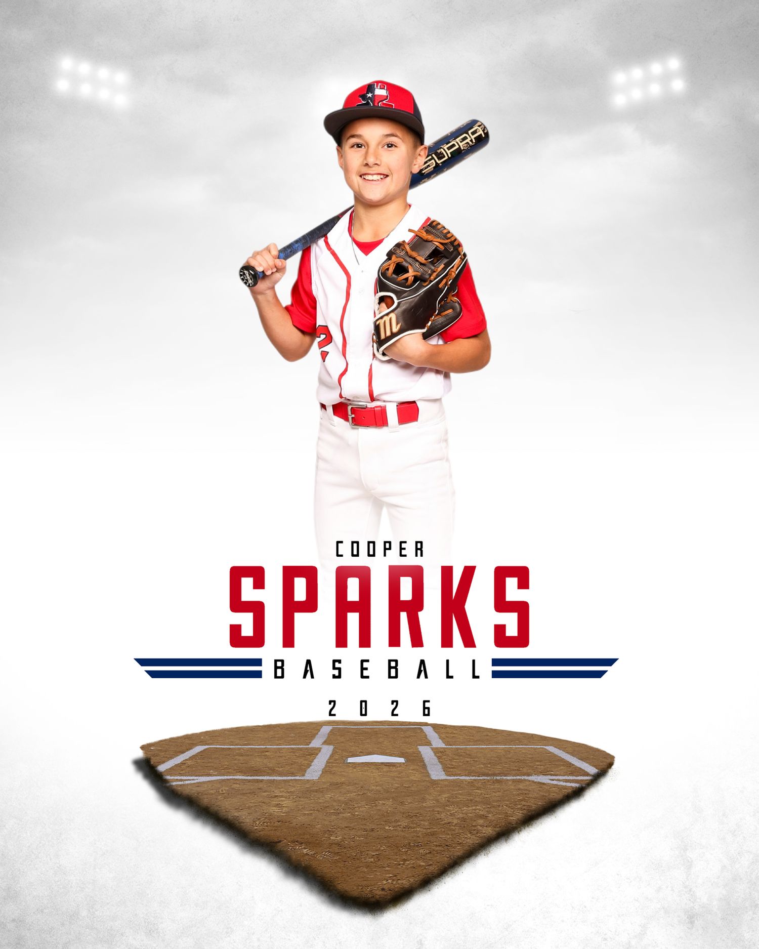 Youth baseball player in red and white uniform poses with bat and glove against stadium lights and baseball diamond backdrop.