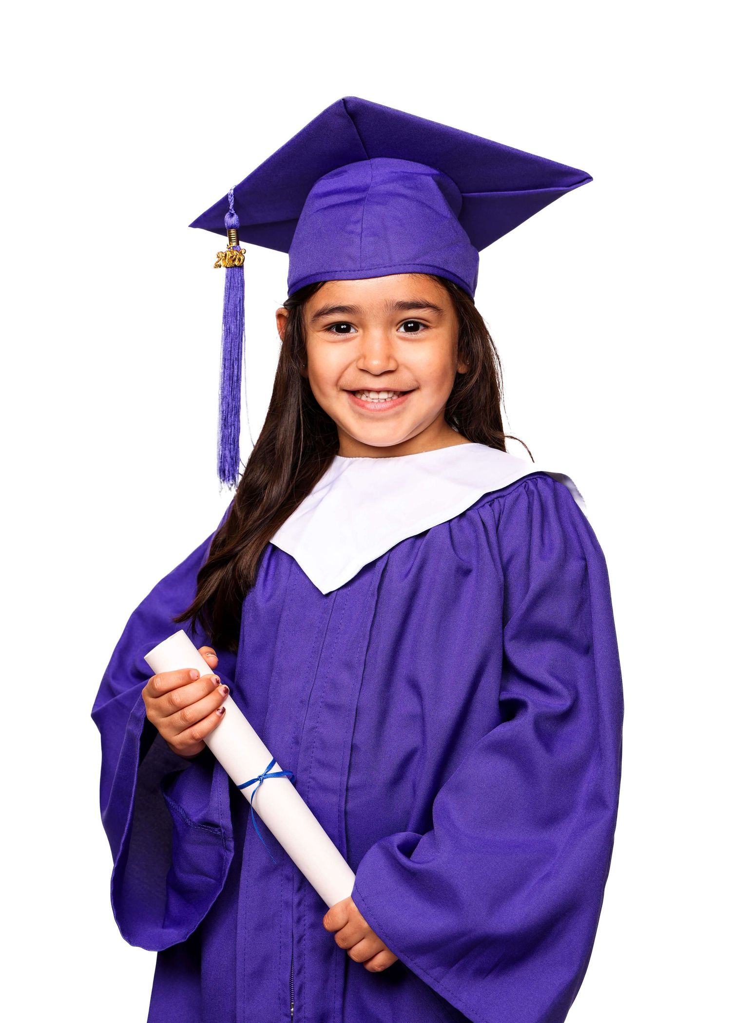 Young graduate in purple cap and gown holds diploma scroll during graduation photo session.
