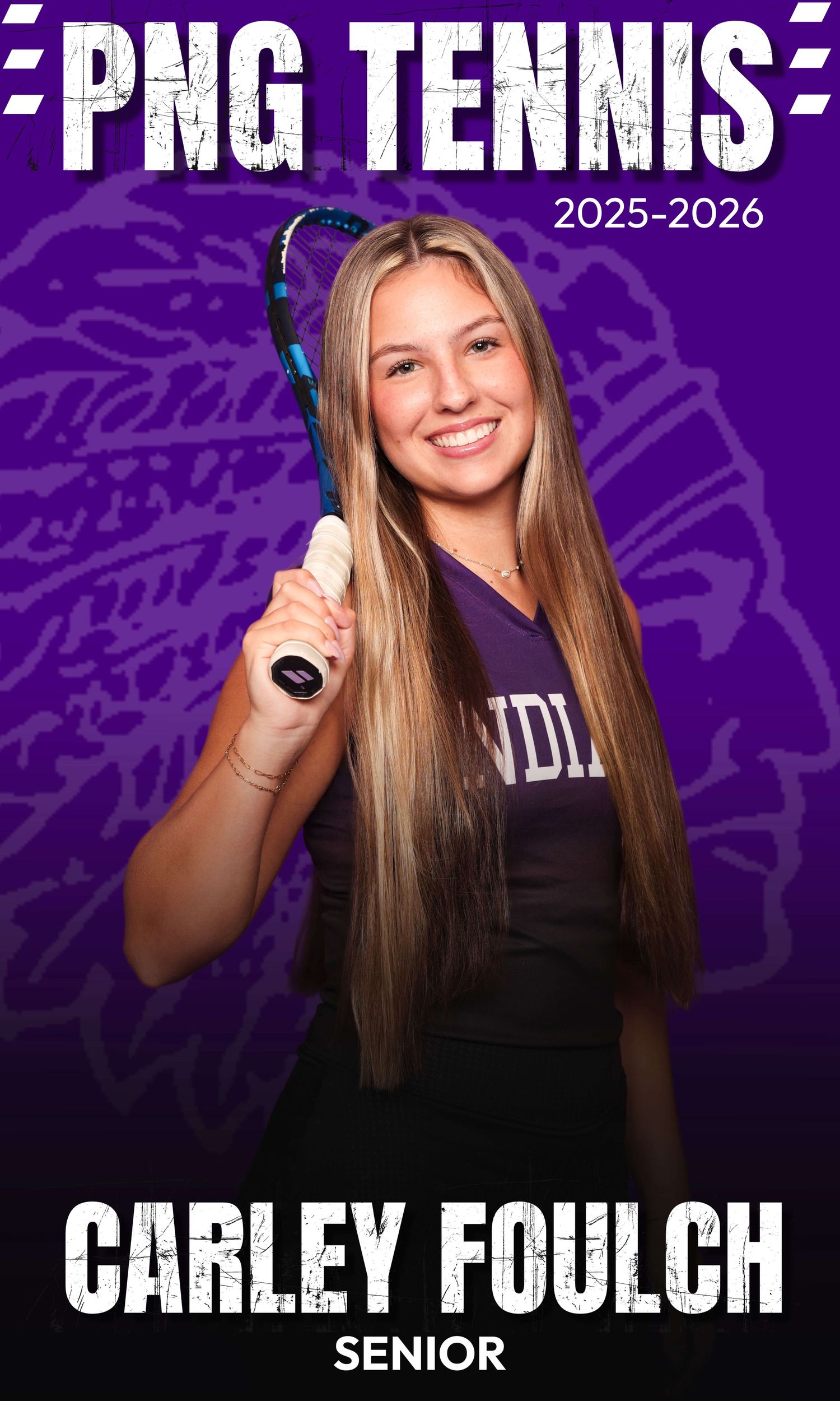 Female tennis player in purple uniform holds racquet against purple background for PNG Tennis senior photo.