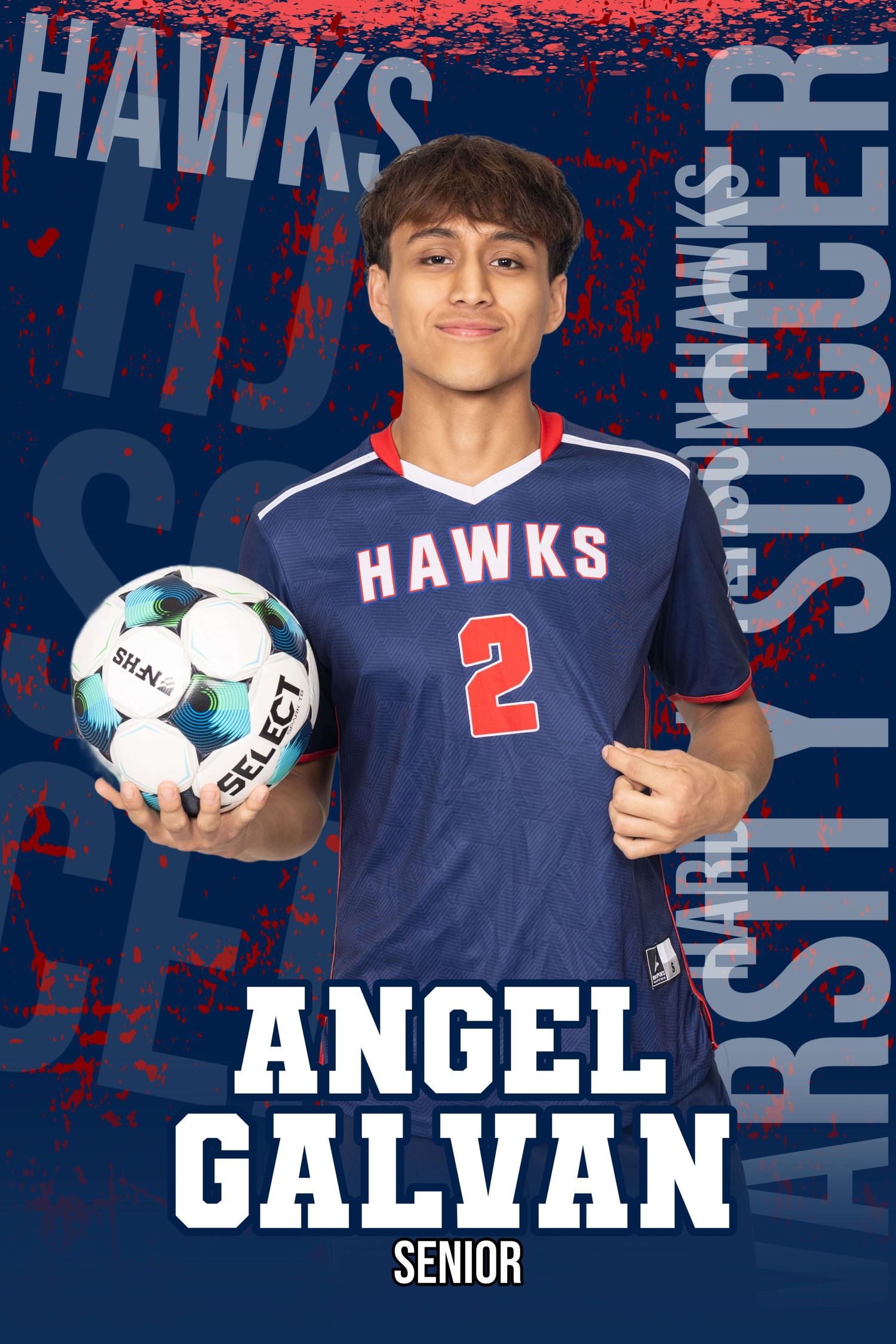 High school athlete in navy blue Hawks uniform holds soccer ball for senior sports portrait.