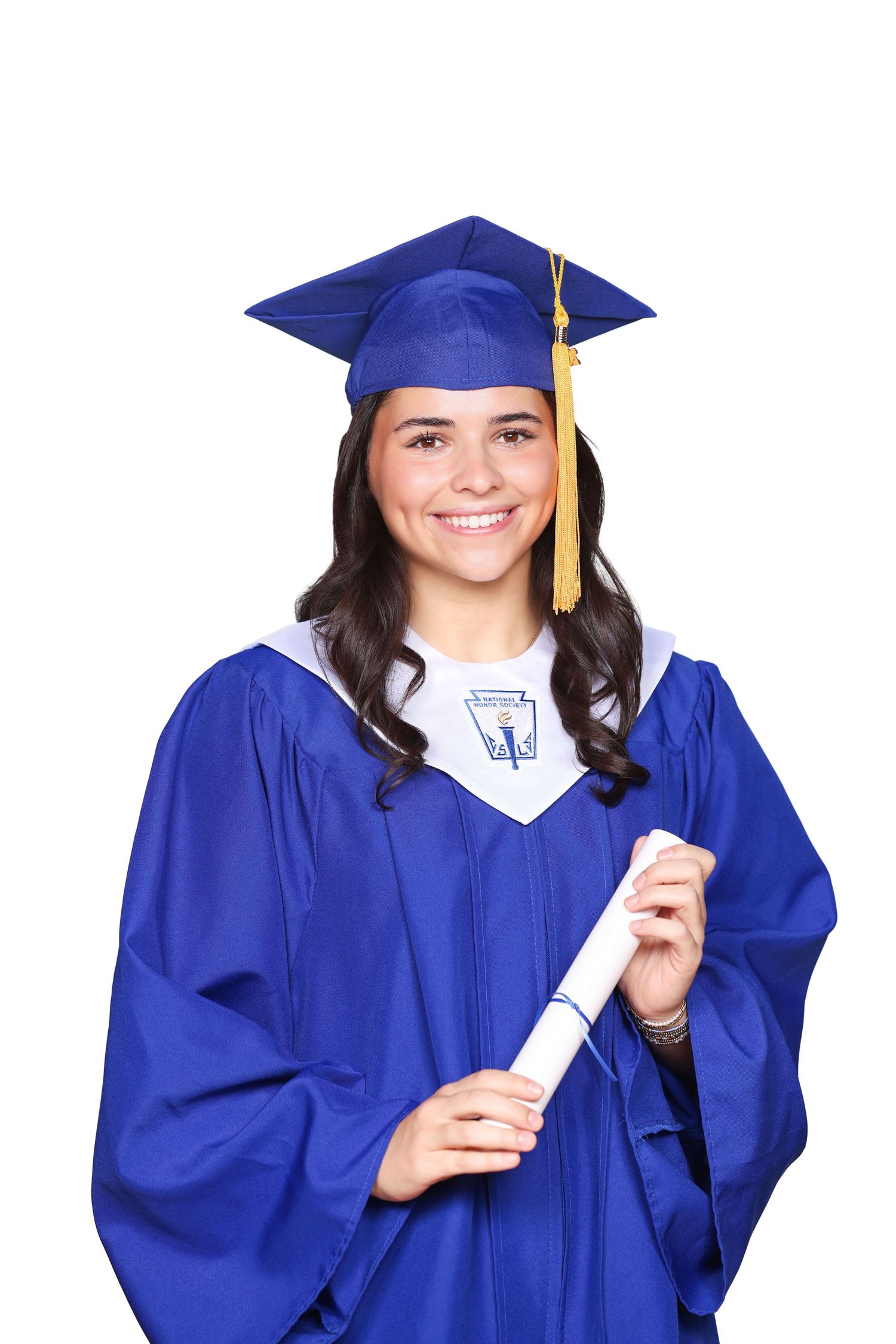Graduate in royal blue cap and gown holds diploma while posing in four different celebratory poses.