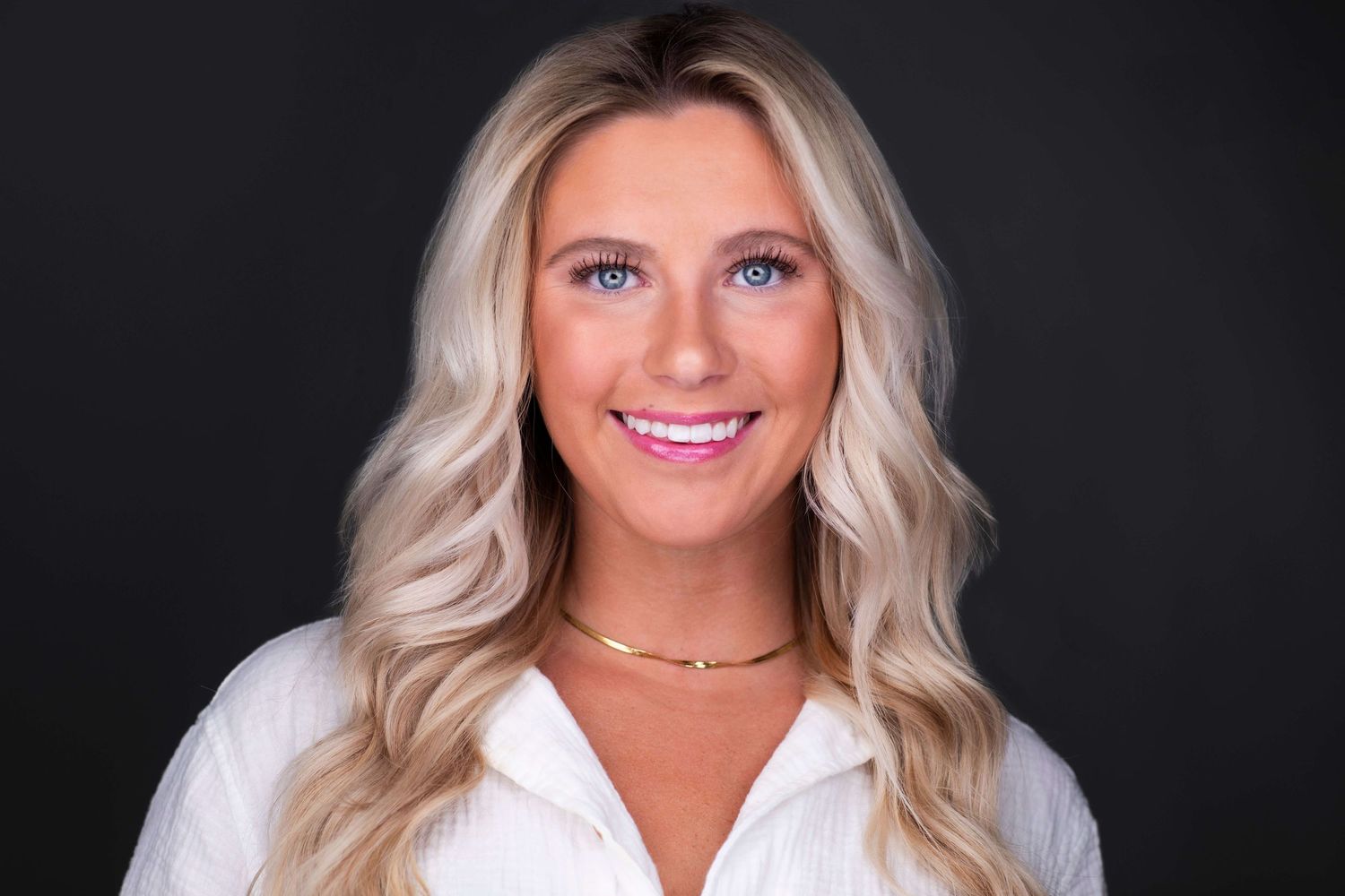 Professional headshots of women with blonde hair against dark background.