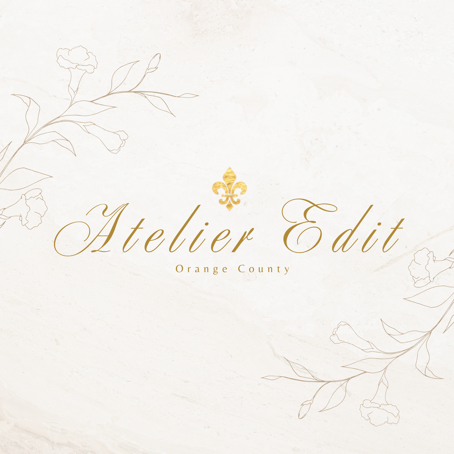 Elegant gold calligraphy text reading 'Atelier Edit' with a fleur-de-lis symbol and 'Orange County' on a light background.