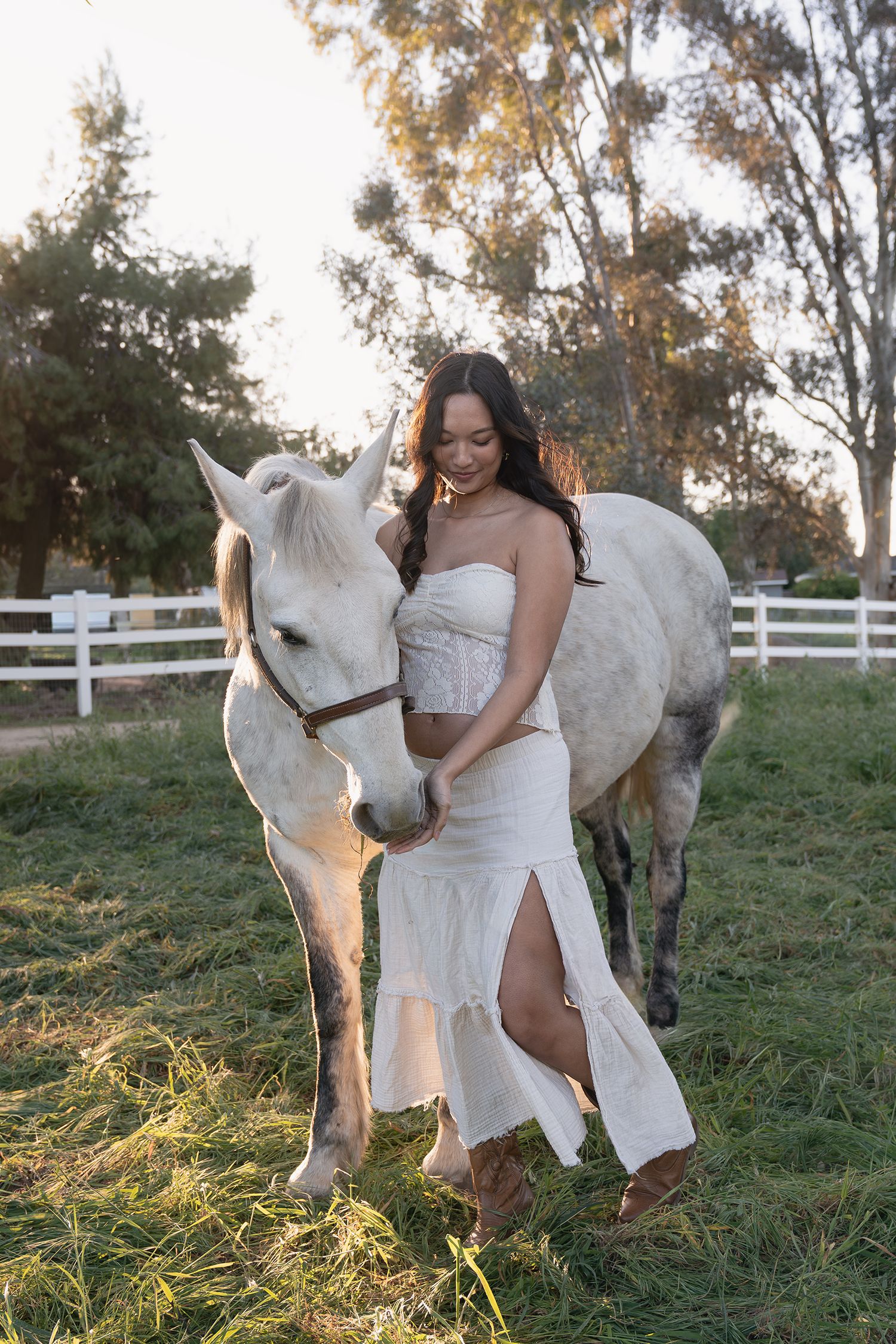 A beautiful white horse and woman in a white dress share a tender moment in a sunlit pasture with white fencing.