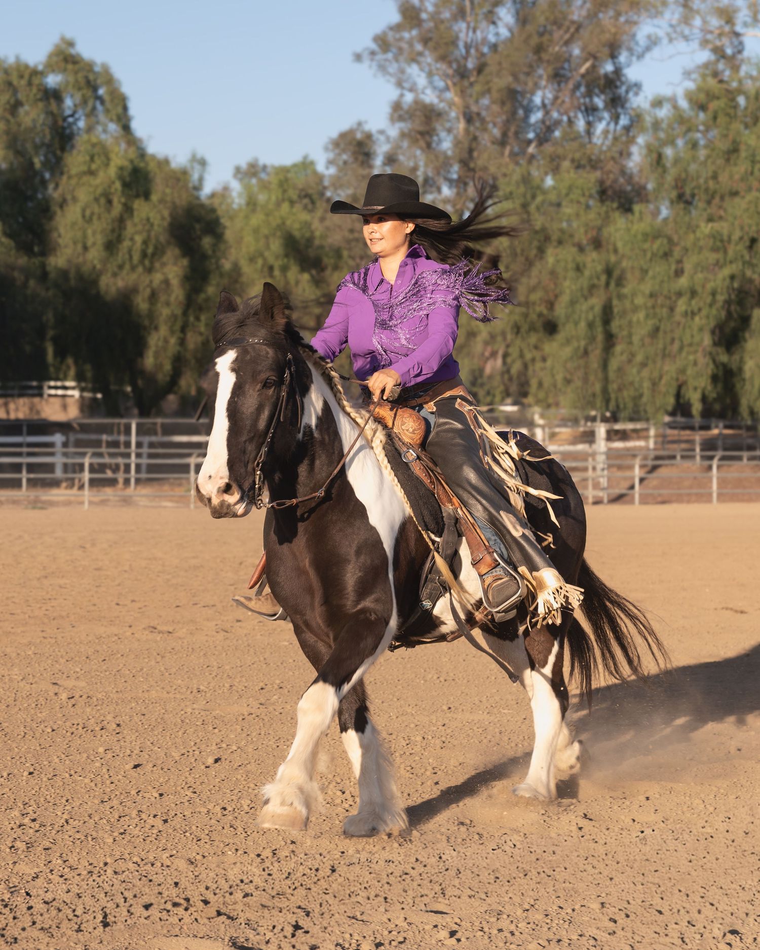 A horse and rider in purple western attire perform in a sandy arena.