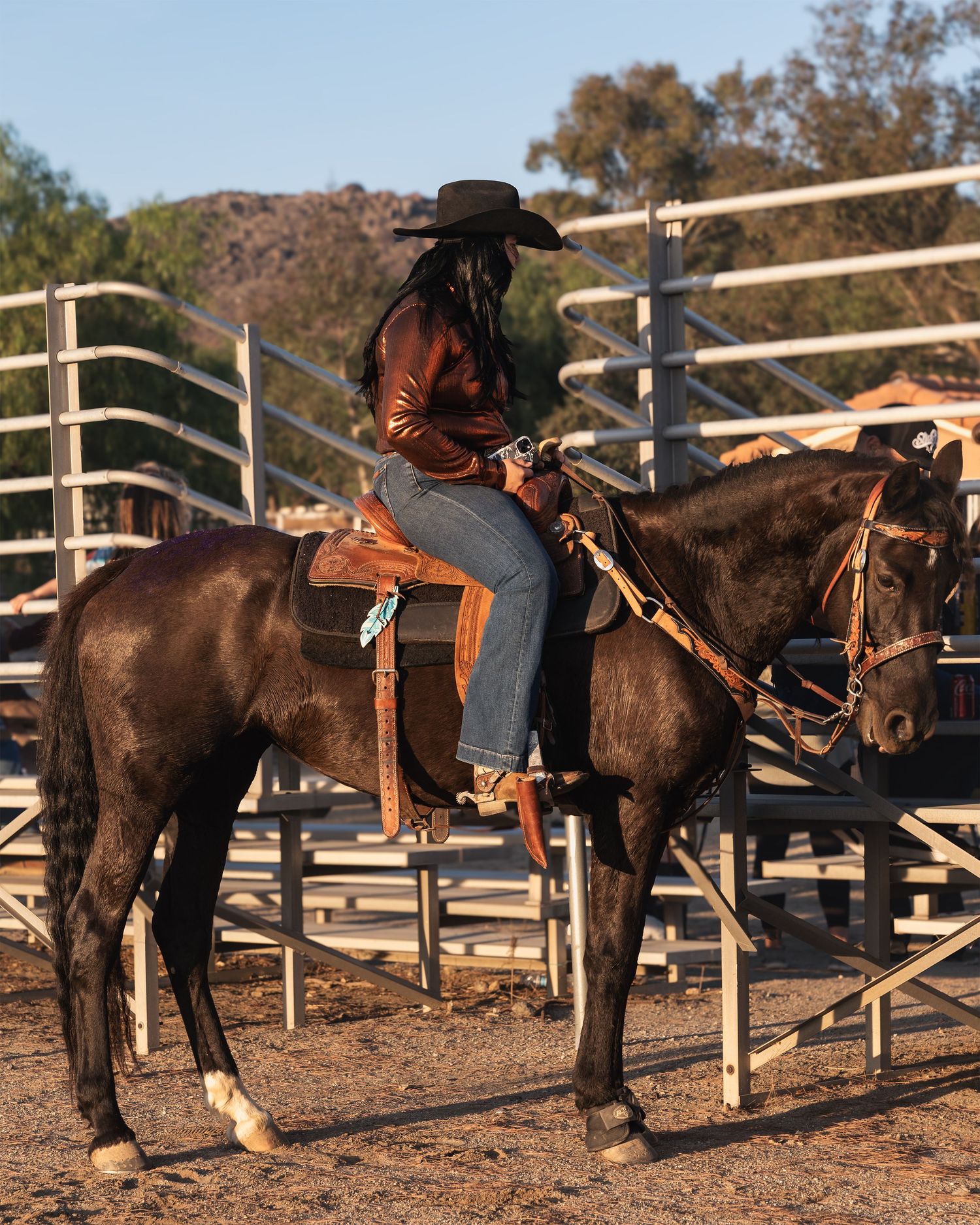A rider in western attire sits atop a dark horse near arena fencing.