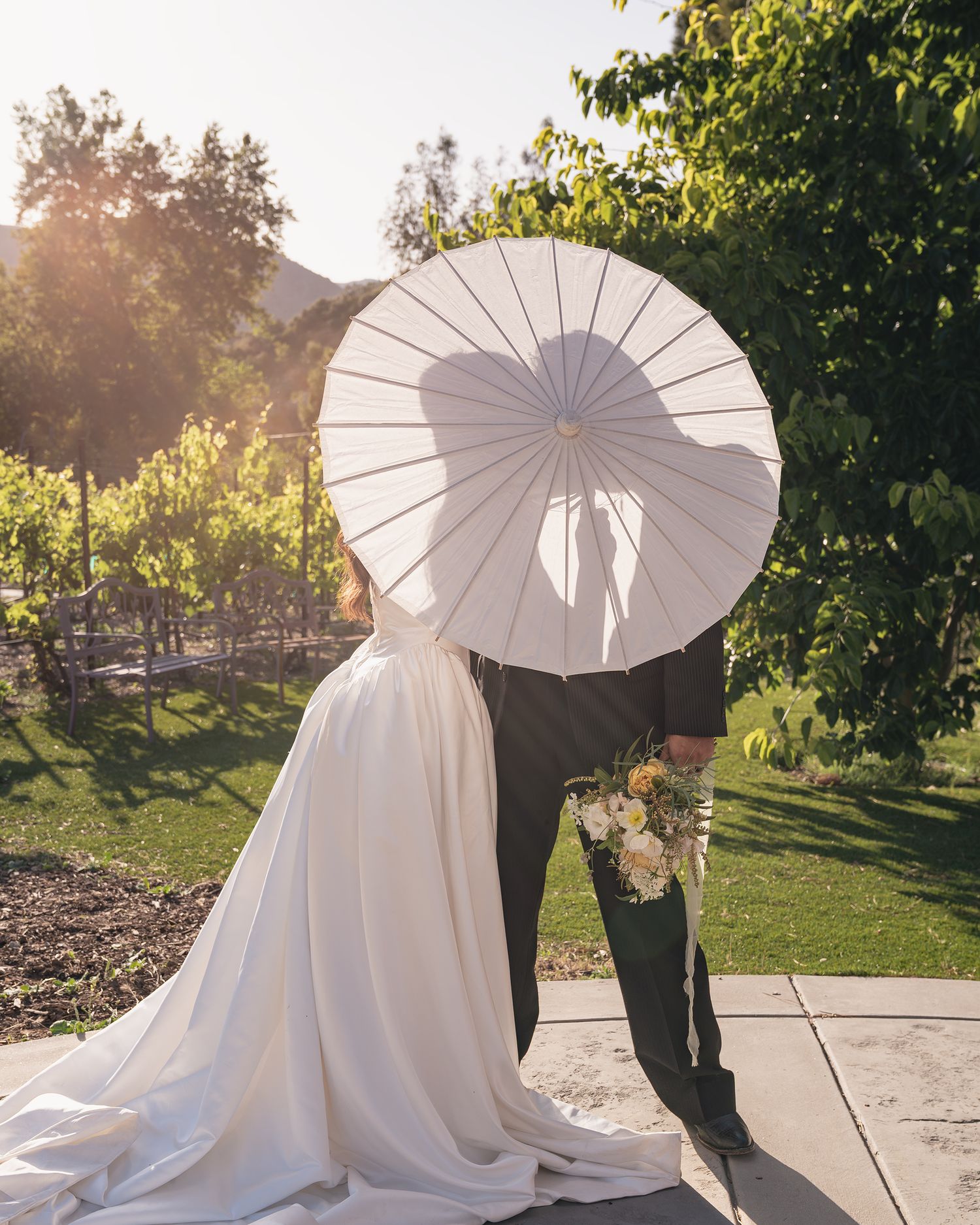 Bride and groom sharing a kiss behind a white parasol umbrella in a sunlit vineyard garden on their wedding day.