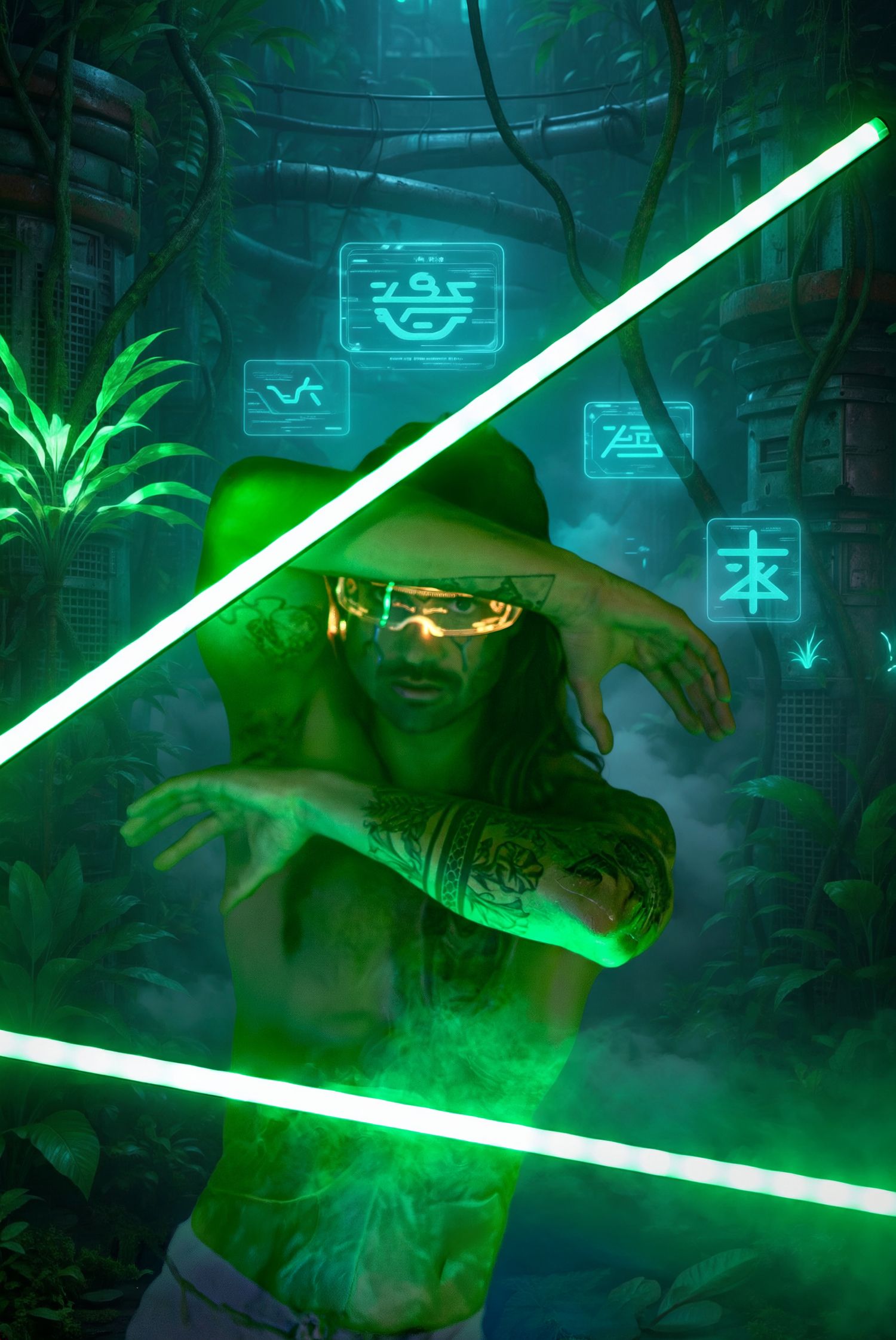Tattooed man with AR glasses poses amid green neon lasers and holographic symbols in a cyberpunk jungle setting.