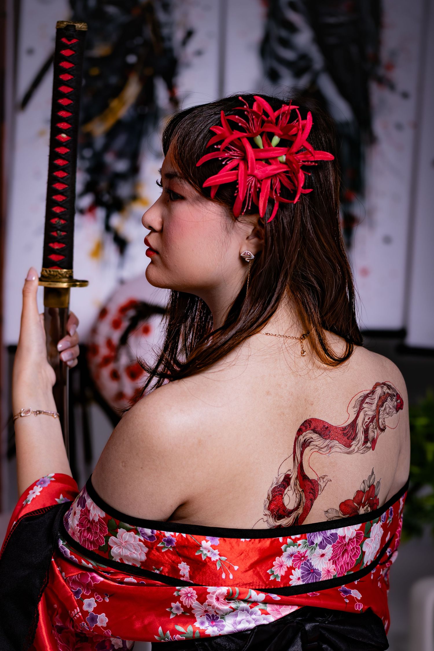 Artistic portrait series showing a red floral kimono and decorative hair accessory against a dark background.