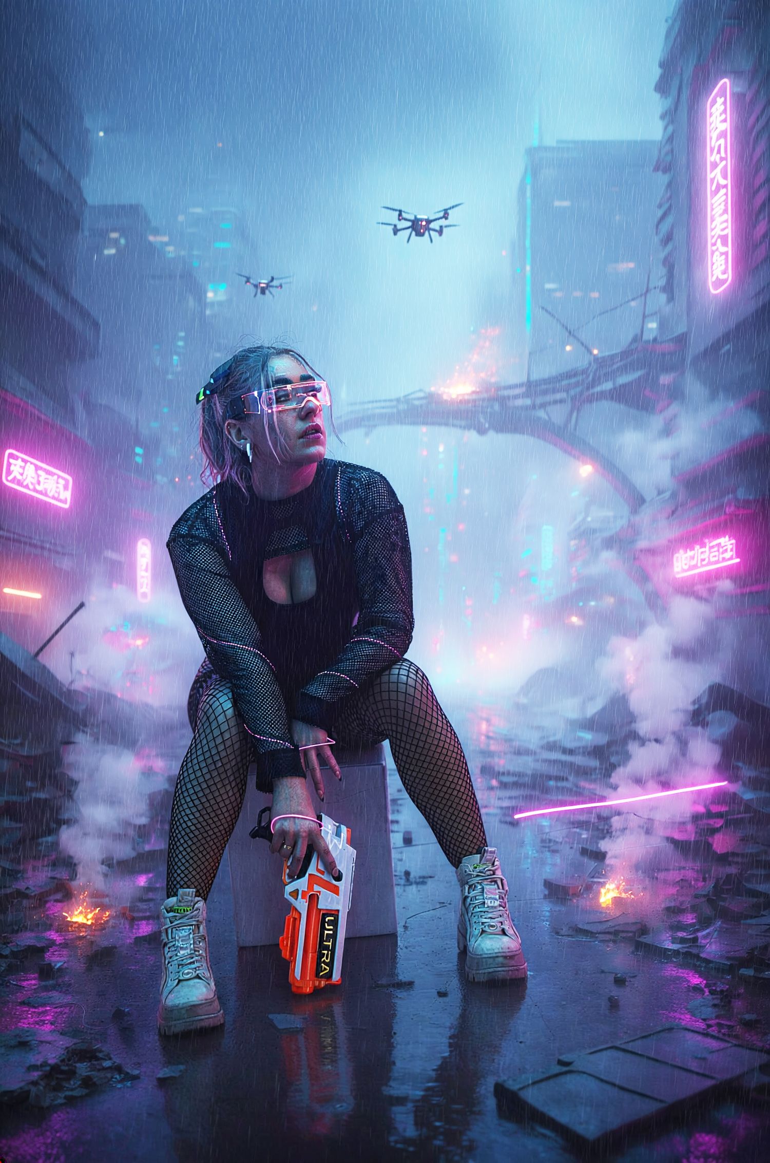 A cyberpunk woman in fishnet sits amid neon-lit foggy cityscape with drones overhead in the rain.