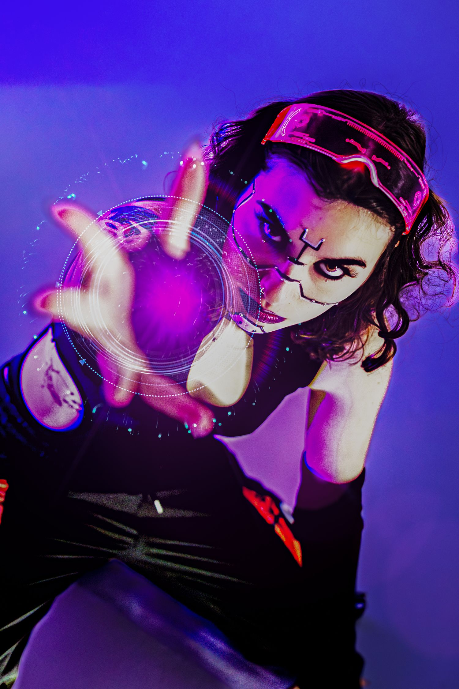 Abstract portrait series with purple lighting effects and motion blur against dark background.