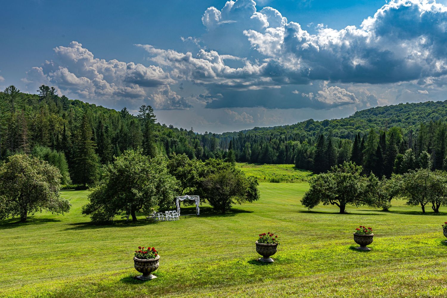Scenic mountain landscape with rolling green meadows, evergreen forests and dramatic cloudy sky in summer.