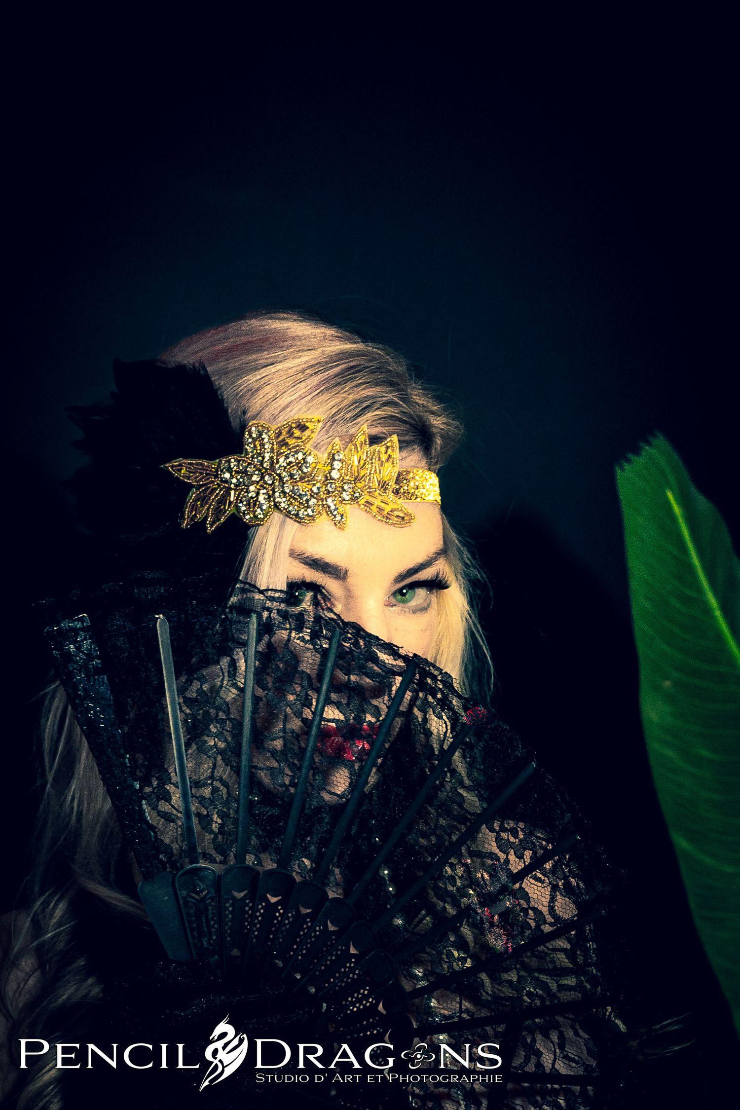 Moody portrait with ornate gold headpiece and black lace veil against dark background.