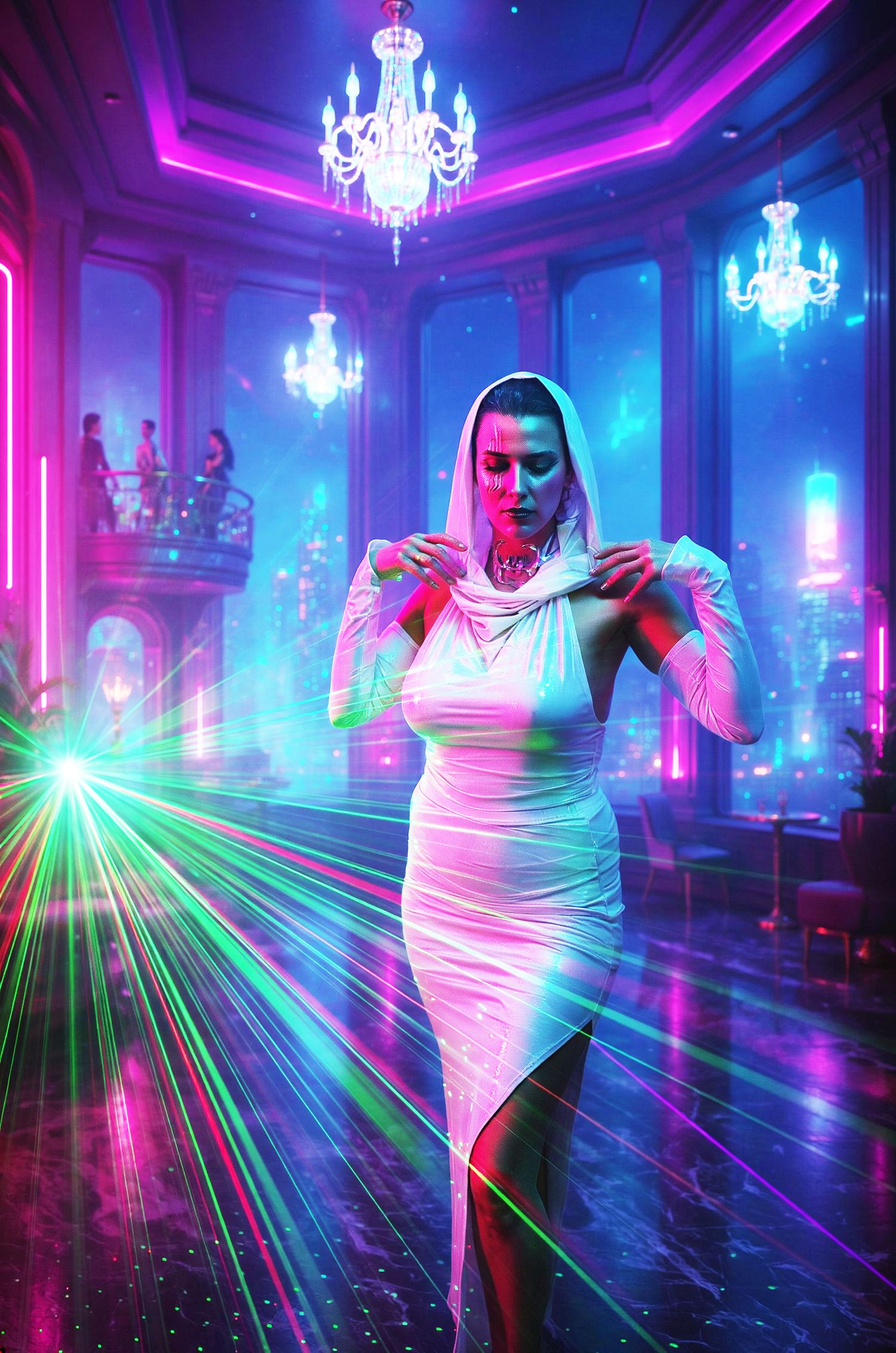Woman in white hooded dress poses amid colorful neon laser lights in a glamorous cyberpunk ballroom.