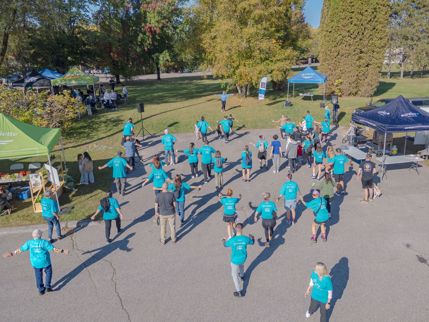 Aerial view of a large group wearing teal shirts gathered outdoors at a charity walk event in a sunny park.