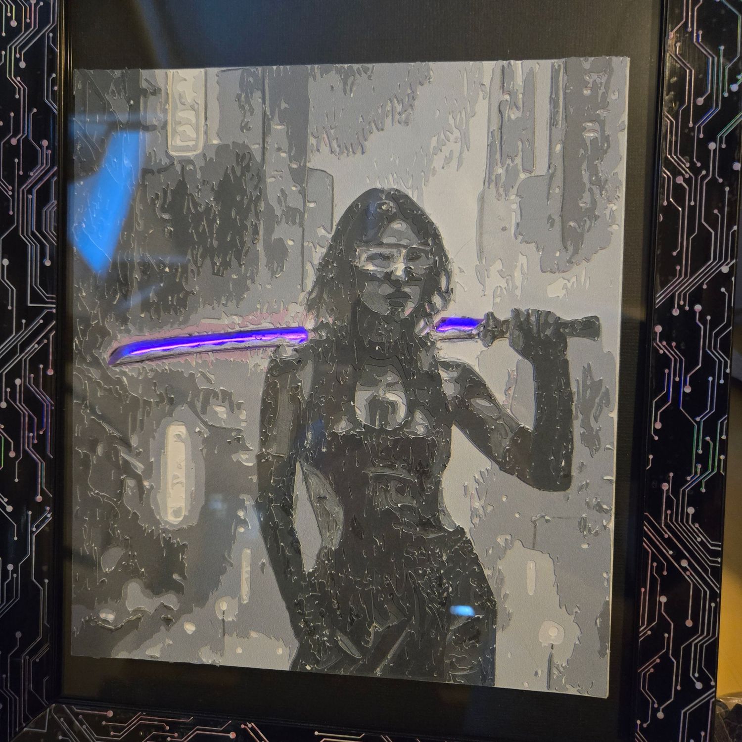 Cyberpunk warrior woman holding a glowing purple lightsaber in a futuristic gray cityscape digital art print.