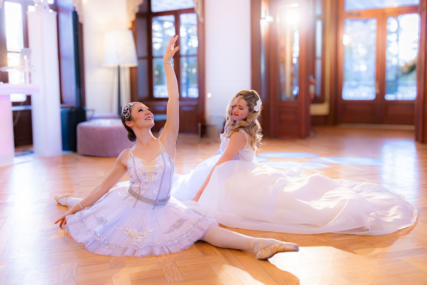 A collage of ballet dancers in white tutus practicing graceful poses in a bright studio with wooden floors.