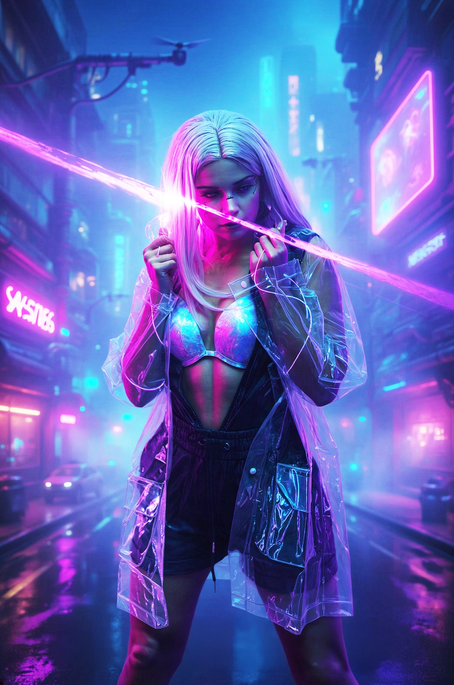 Cyberpunk woman in clear raincoat holds neon light sword on rainy city street with pink and blue neon signs.