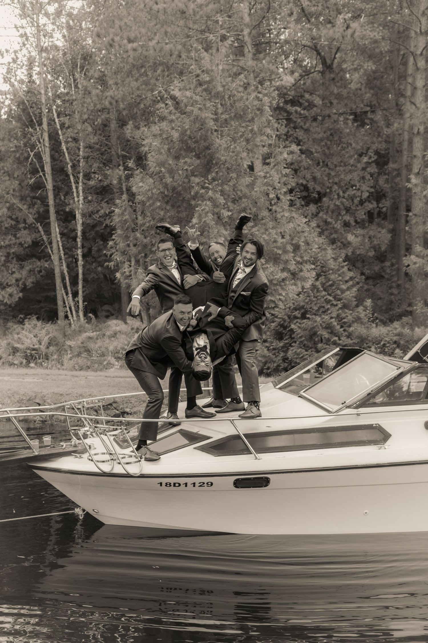 Sequence of playful poses on a speedboat showing fun moments on the water.