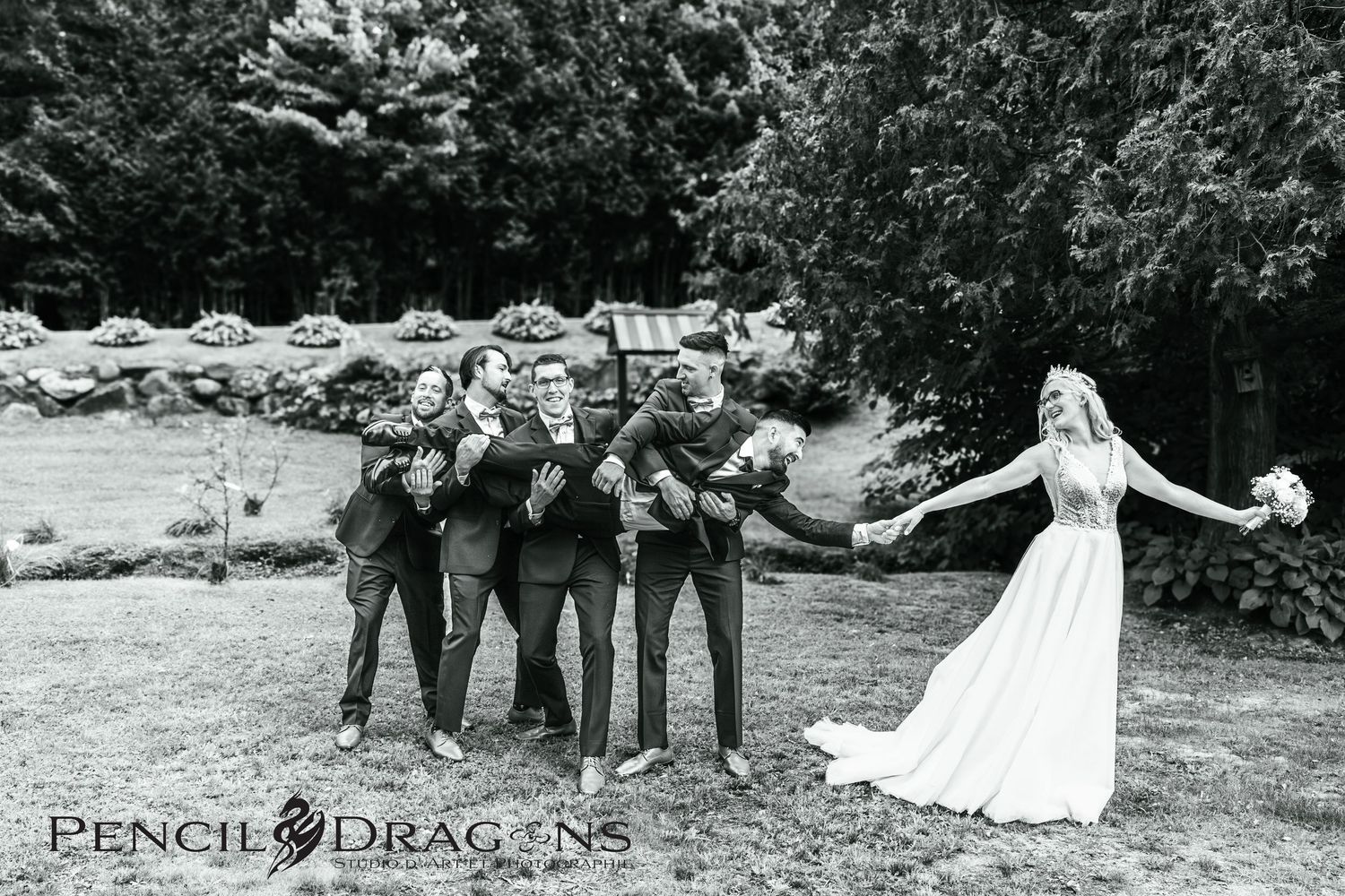 Black and white wedding party photos showing group poses outdoors.