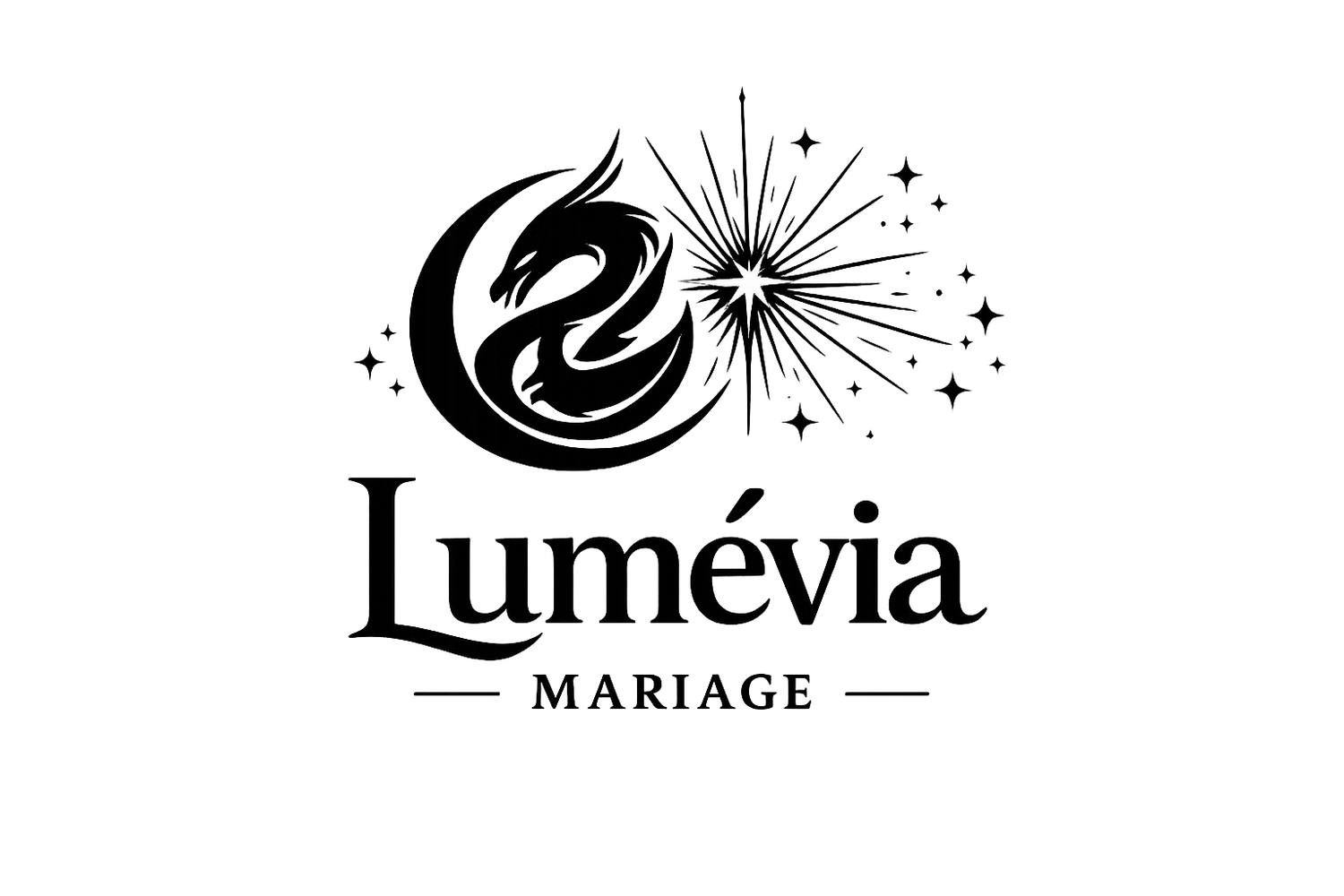 Black and white logo for Lumévia Mariage featuring an elegant swan design with a starburst and decorative stars.