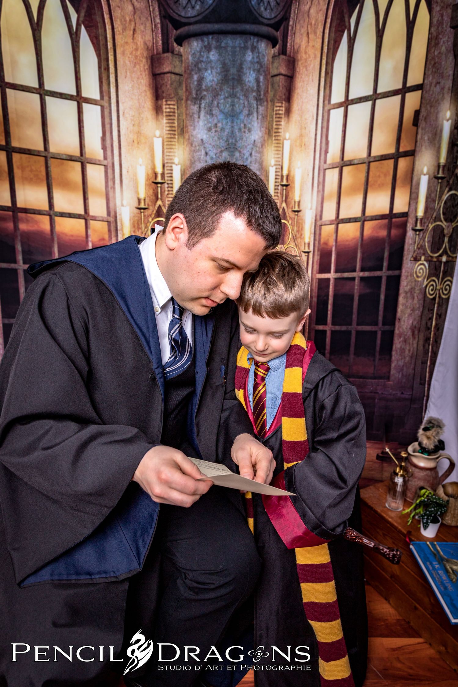 Students in school uniforms examining objects in vintage themed room setting.