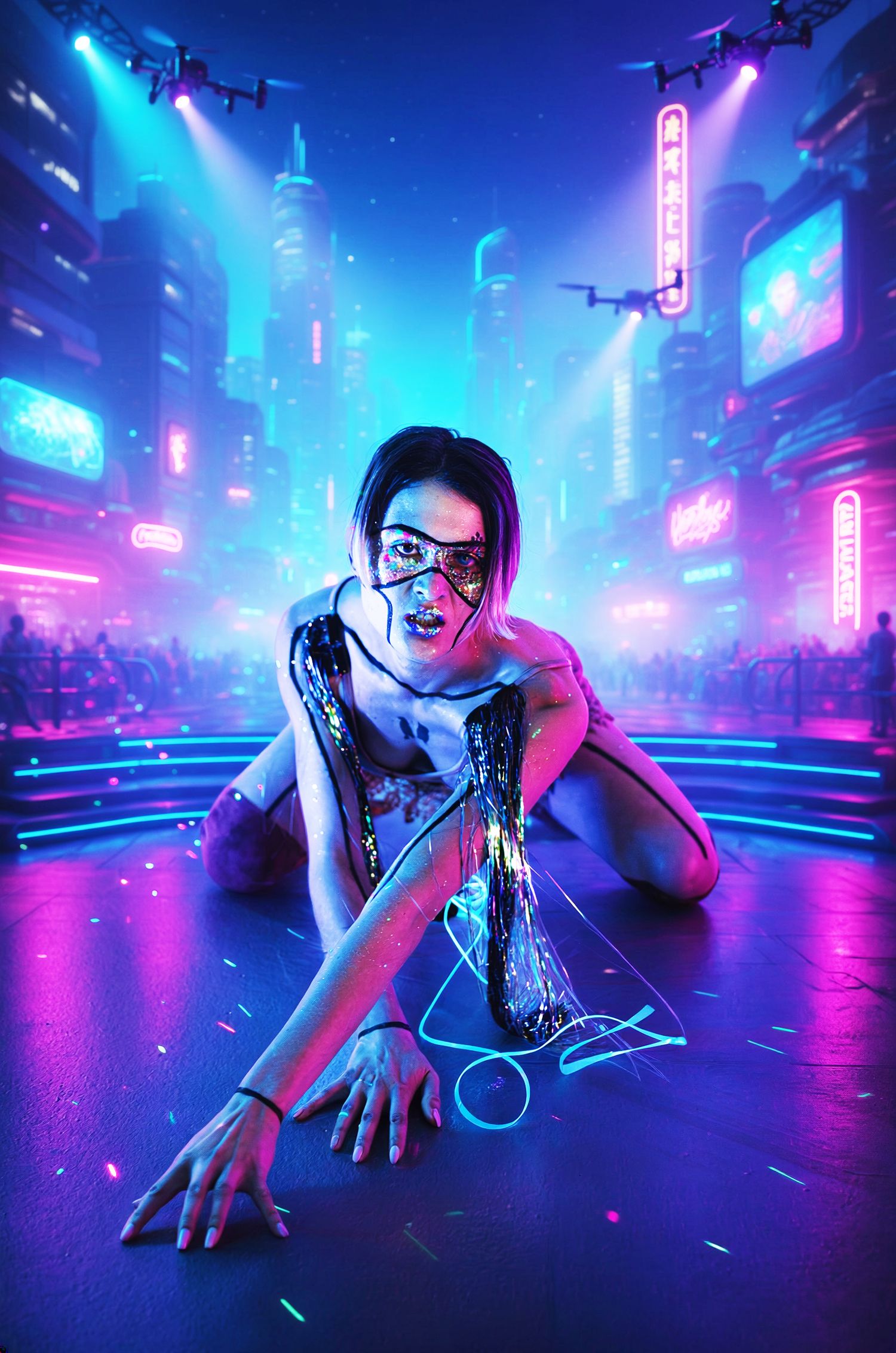 A woman in cyberpunk neon-lit cityscape crouches on glowing floor, wearing futuristic glasses amid drones and holographic signs.