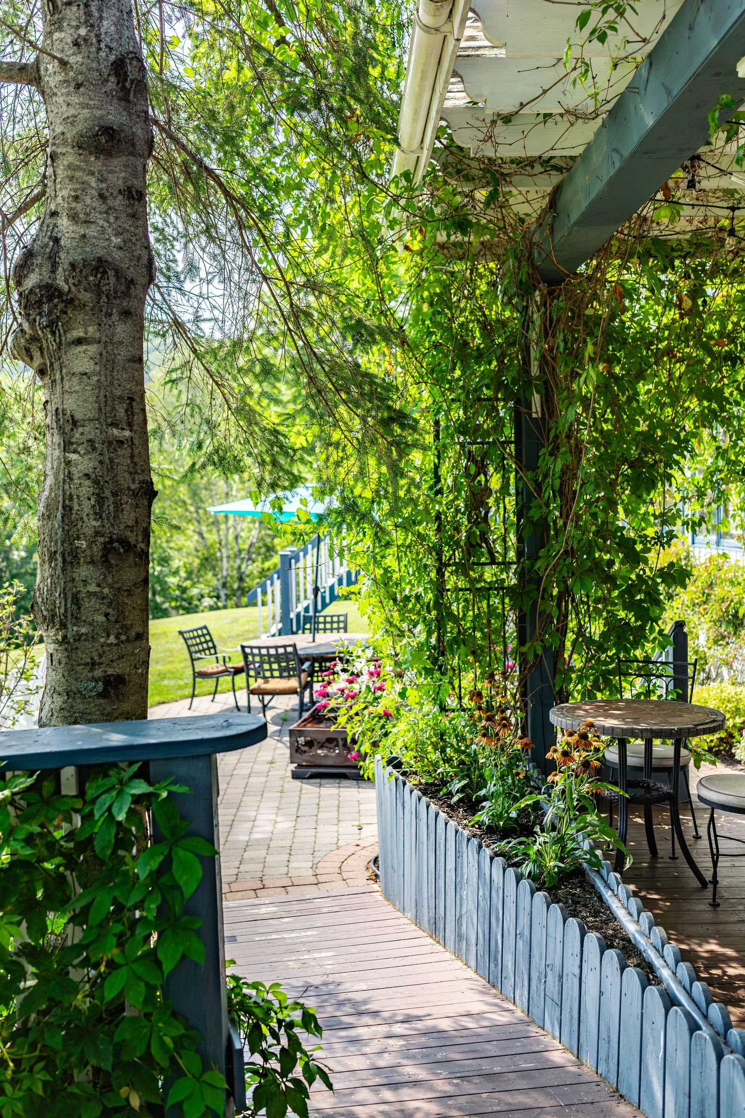 A covered outdoor patio walkway with green vines growing along wooden posts and brick pavers underfoot.