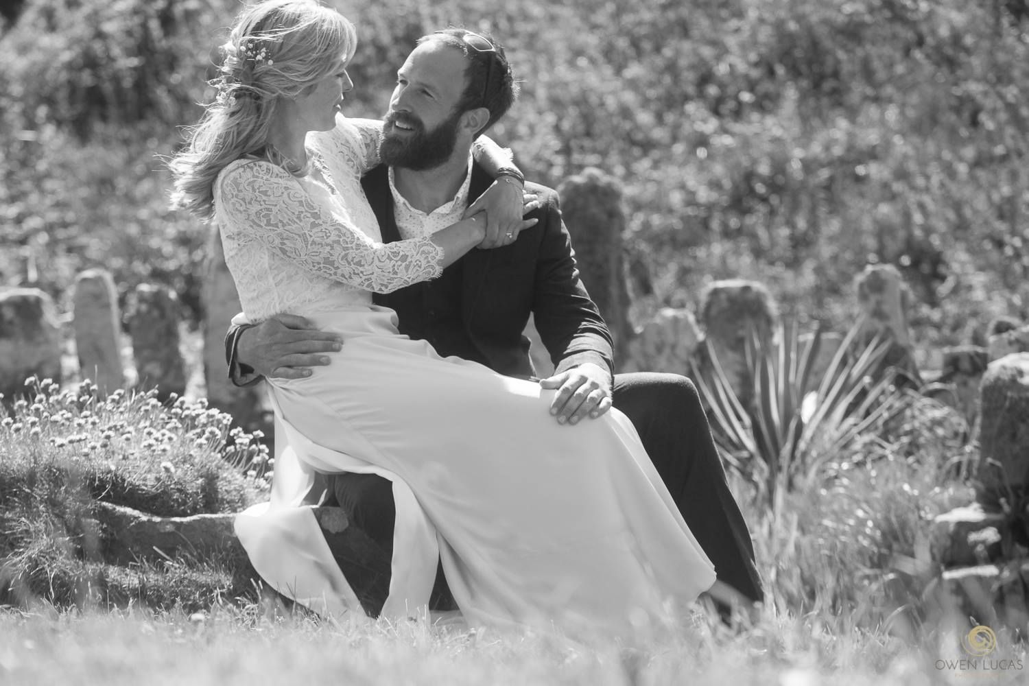 Bride and groom enjoy a moment together during their wedding at the Druidstone Hotel in Pembrokeshire, west Wales. On the coast west of Have