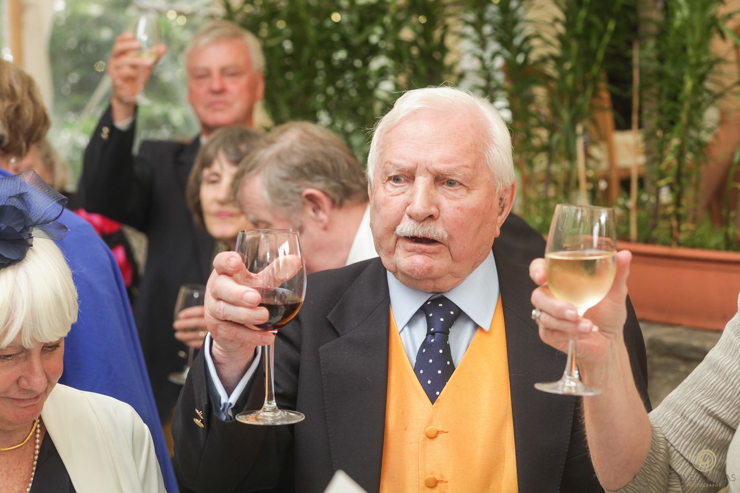 Wedding guests raise glasses during toasts at an outdoor reception.