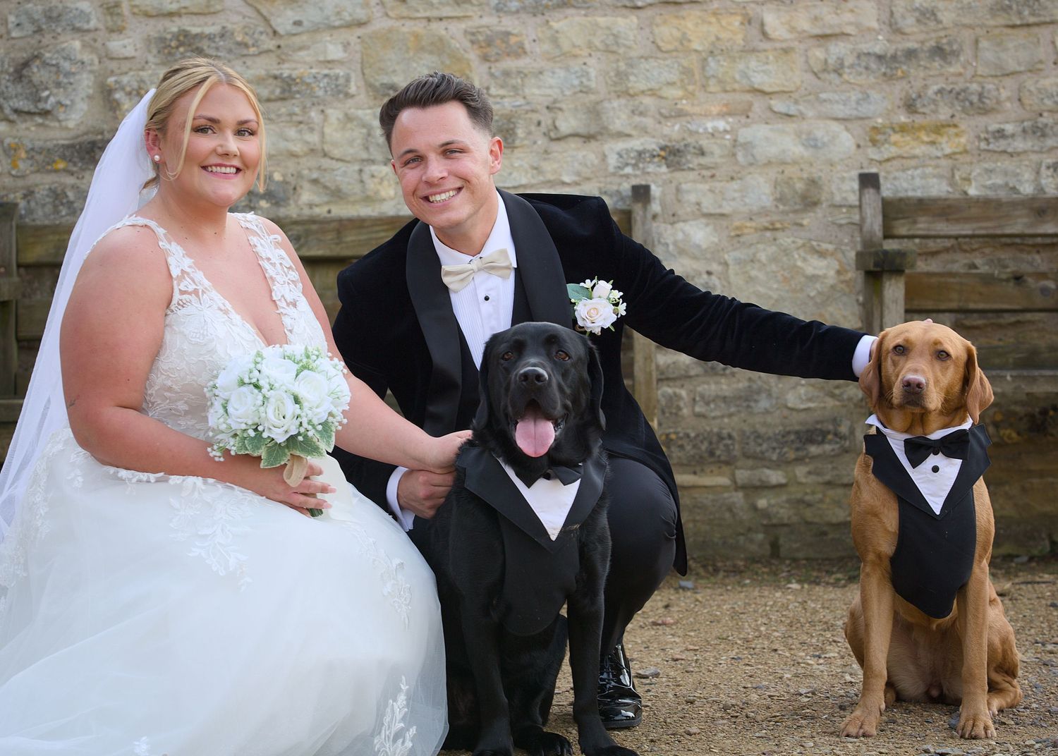 A wedding couple poses with their two dogs wearing matching bow ties against a stone backdrop.