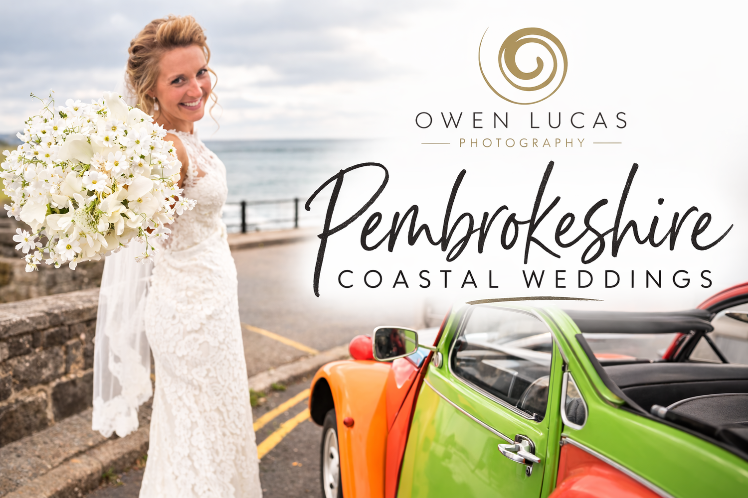 Bride holding white bouquet beside vintage car on the Pembrokeshire coast