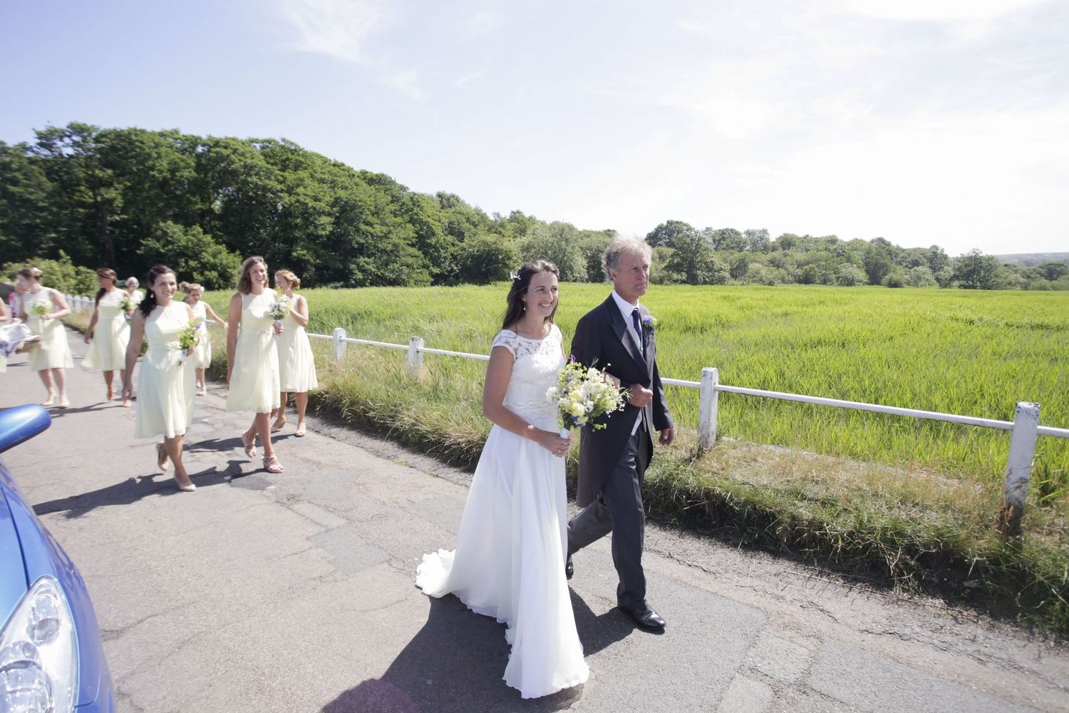 Wedding party walks along a scenic path with lush green fields and trees in the background.