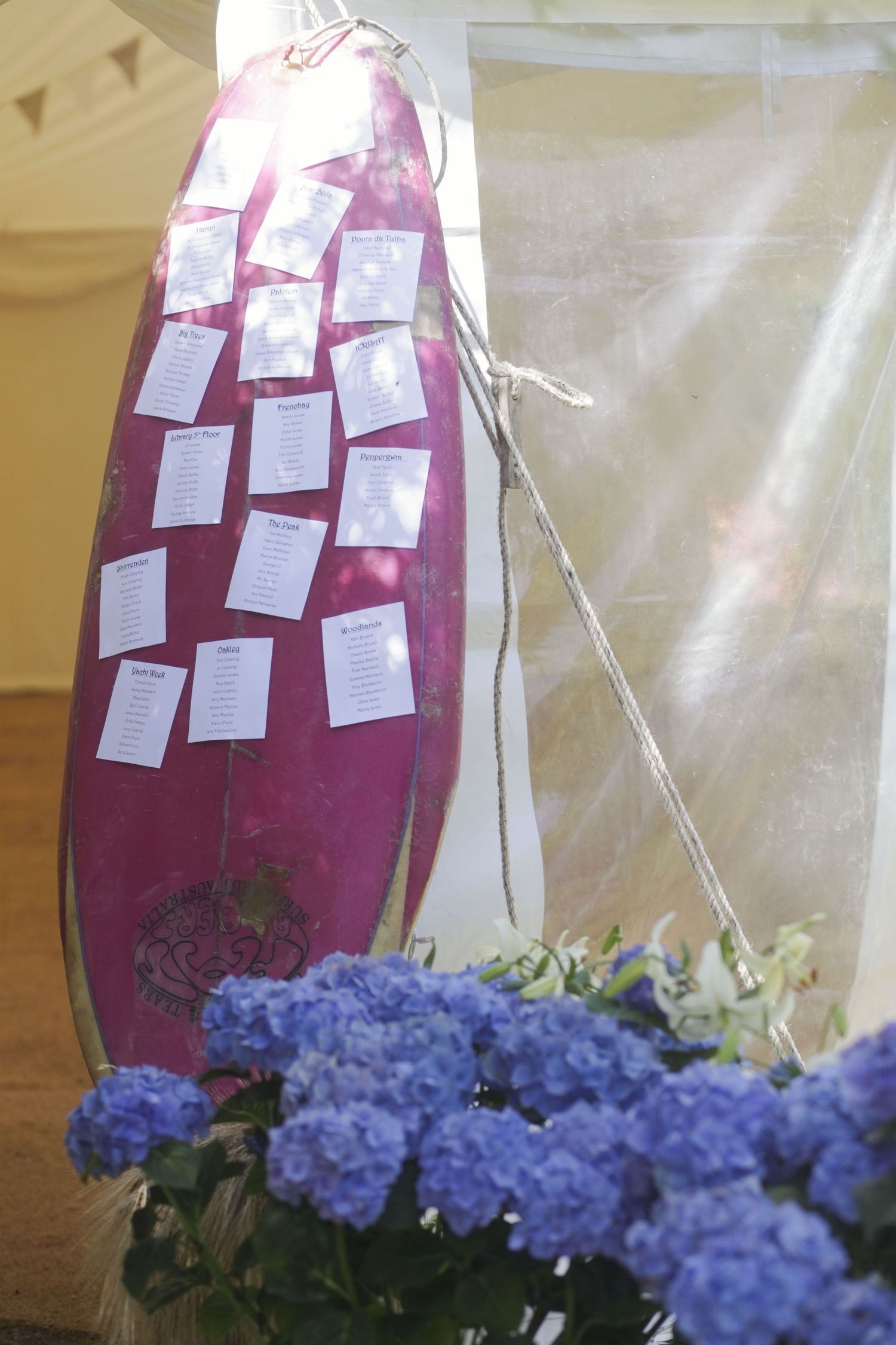 Purple display board with cards and blue hydrangea flowers arranged at the bottom.