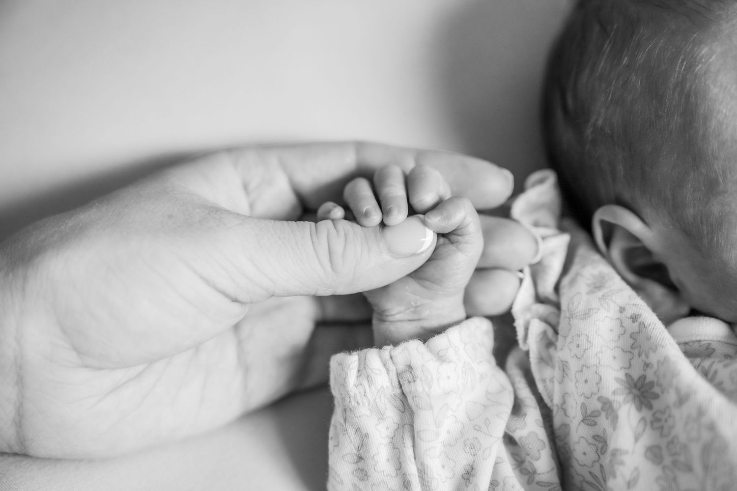 Black and white photo of a newborn baby grasping an adult finger, symbolizing new life and parental bond.