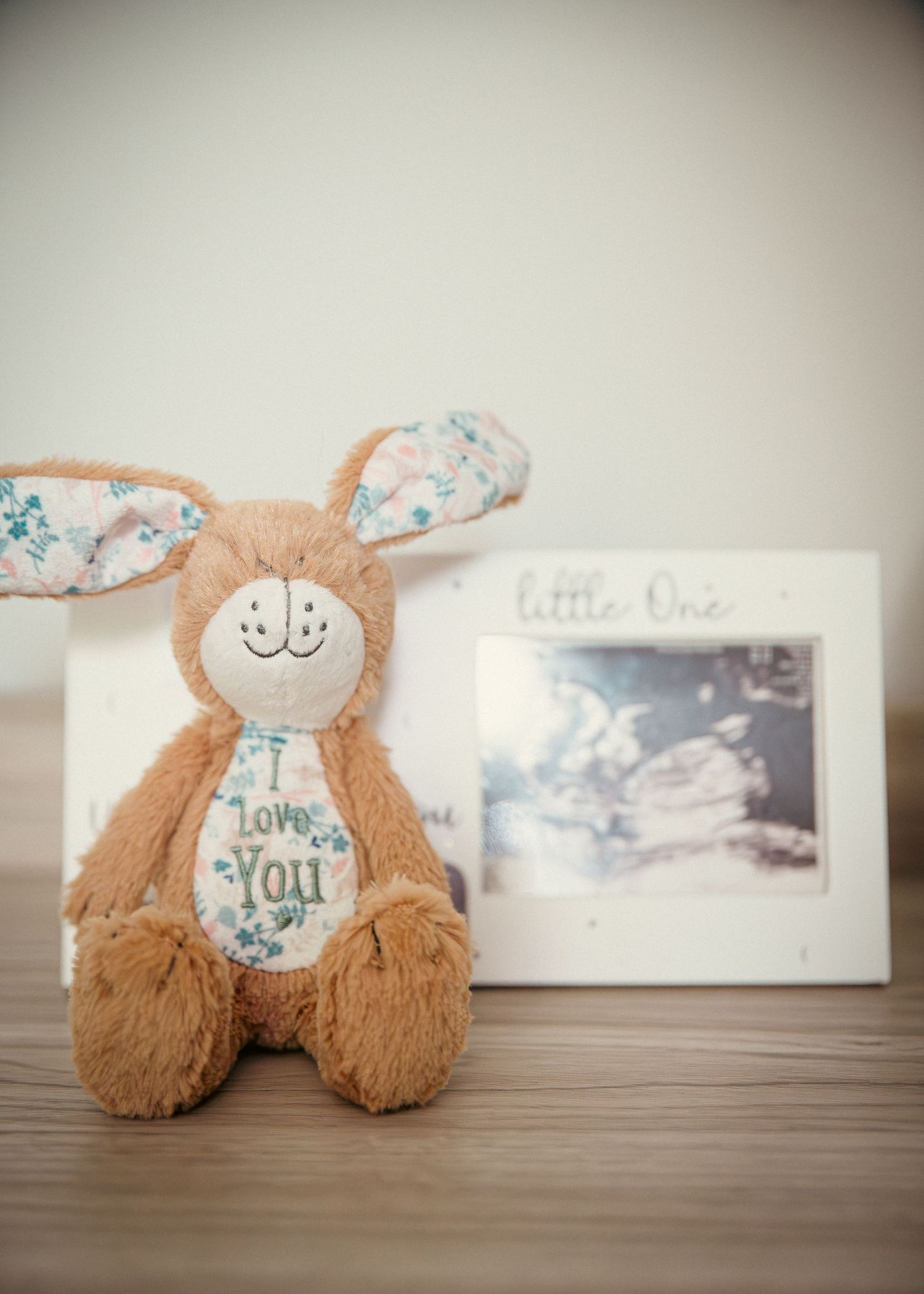 Brown bunny stuffed animal with 'I Love You' embroidery sits beside a 'Little One' picture frame with ultrasound photo.