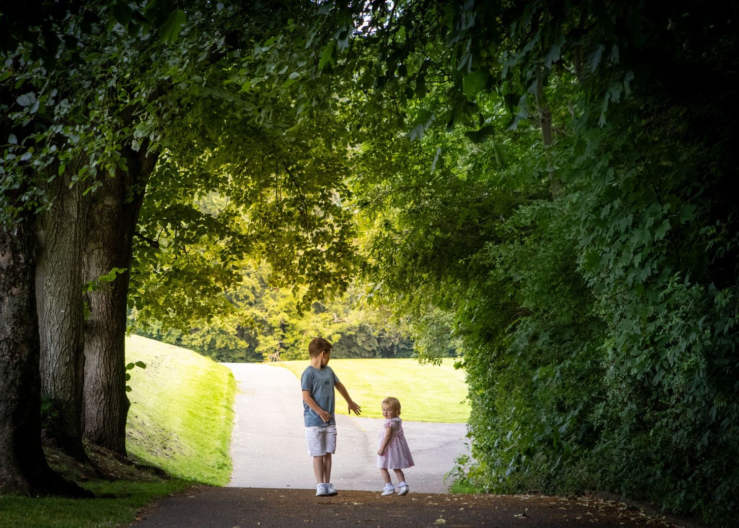 Two children walk hand-in-hand along a sunlit tree-lined path in a lush green park.